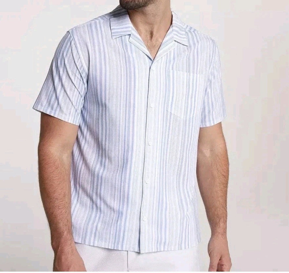New VRST Performance Resort Shirt Men’s Size Medium Muted Denim Calm Stripe $64