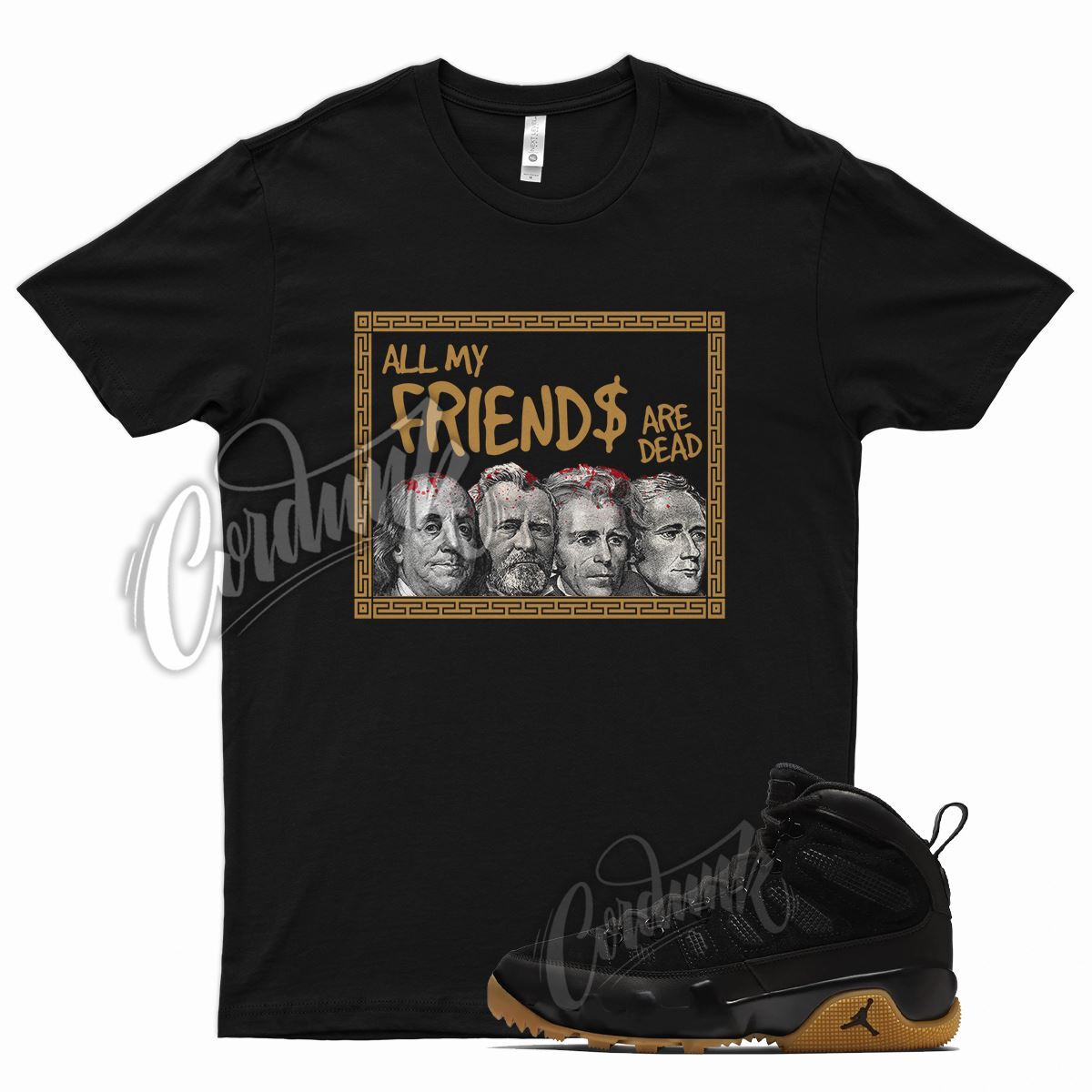 Black FRIENDS T Shirt for Air J1 9 Boot NRG Light Gum Tan Natural Brown Nine