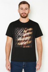 Black IMAG Printed, L lightweight jersey fabric comprising 100% cotton.