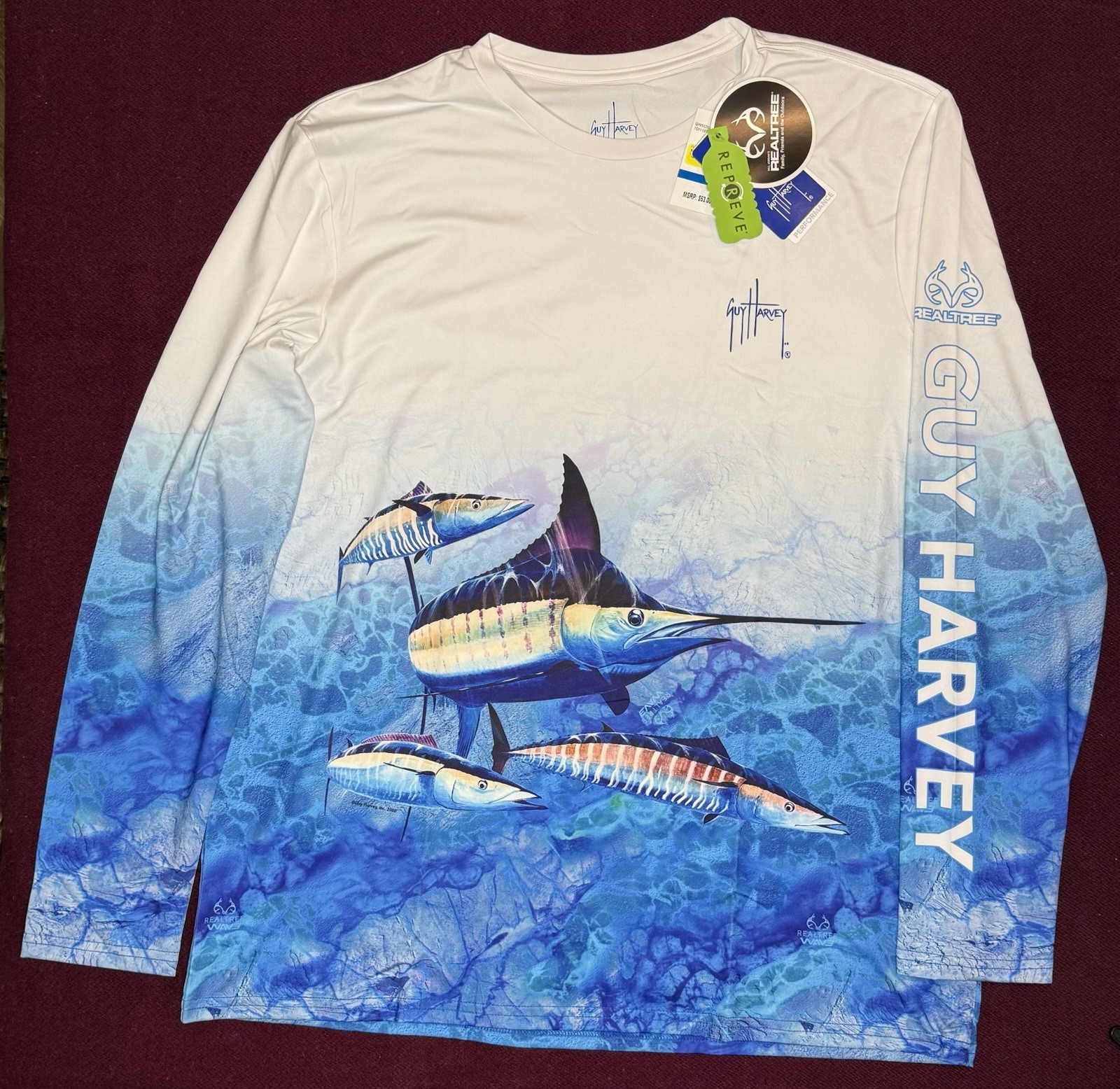 Guy Harvey Tshirt Men Large Blue Long Sleeve Pocket Sunset Boat Fishing Outdoors