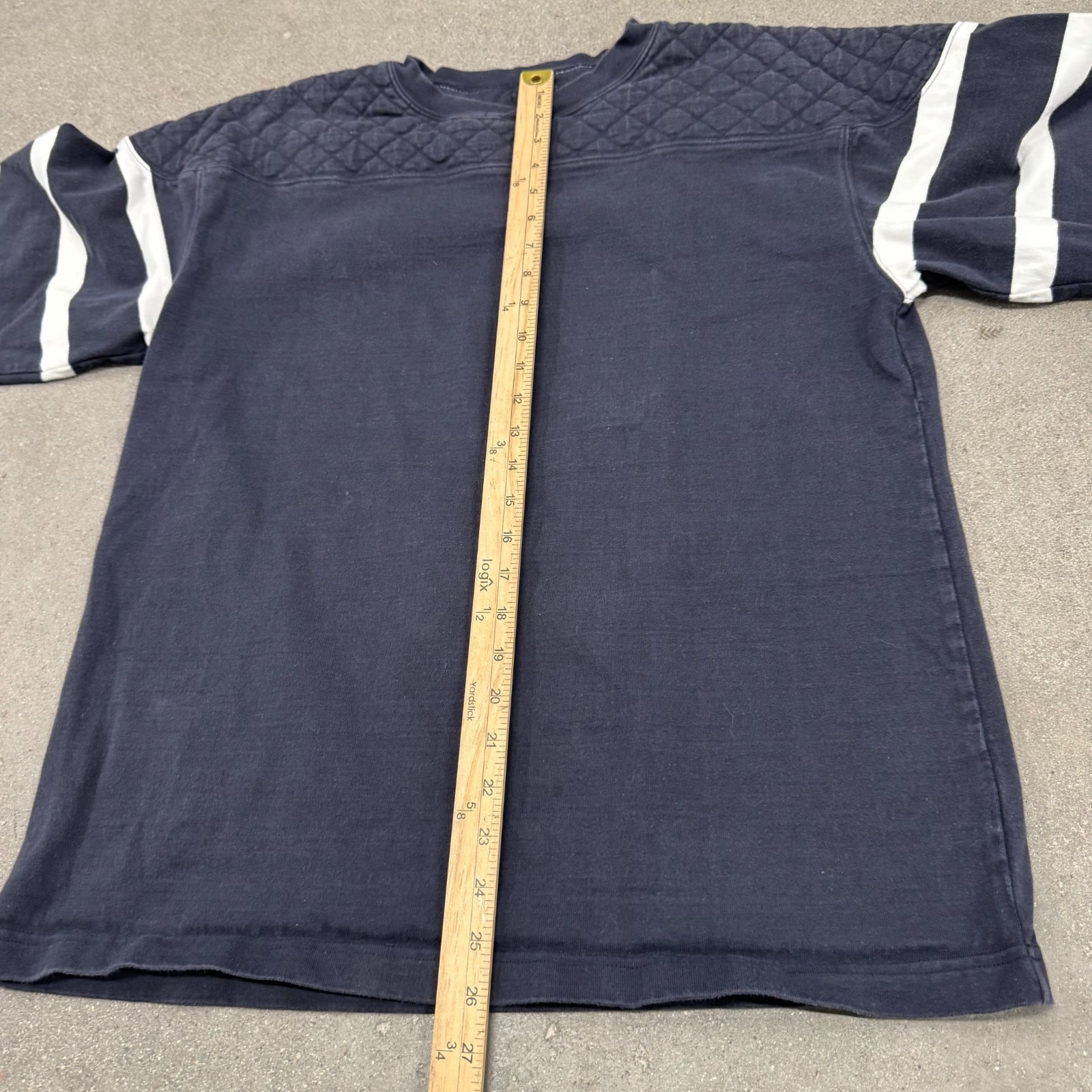 J. Peterman Shirt Men Medium Blue Striped Long Sleeve Quilted Elbow Patch Casual gallery