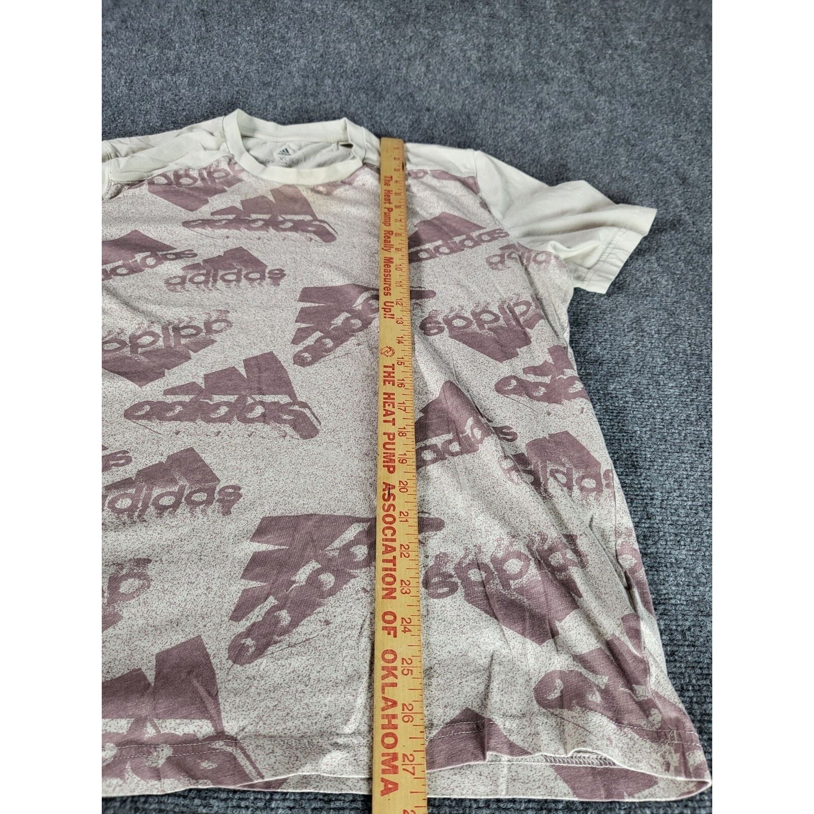 Adidas Brand Love Performance Tee XL Off White Burgundy Allover Multi Logo Shirt gallery