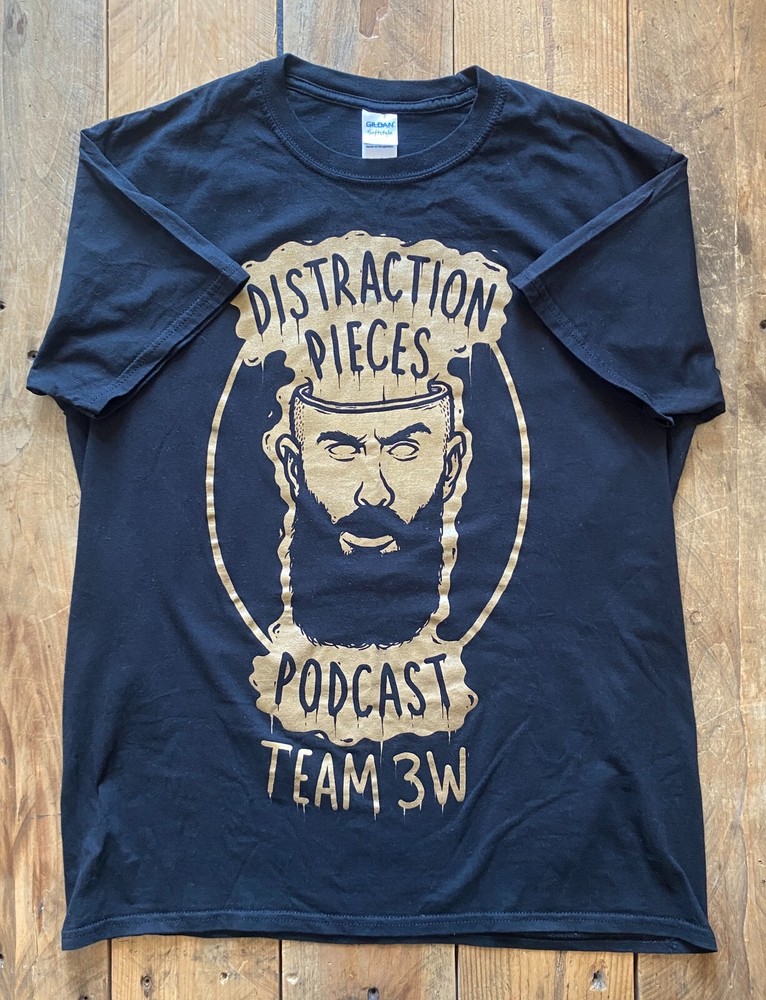 Scroobius Pip Distraction Pieces Podcast Team 3W T-Shirt – Black Gold – Large