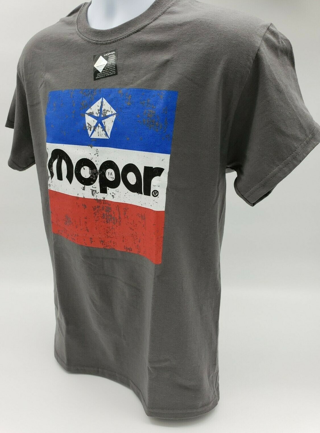 Gray T-Shirt w/ Large Red White & Blue 1972 Mopar Emblem / Logo On Front gallery