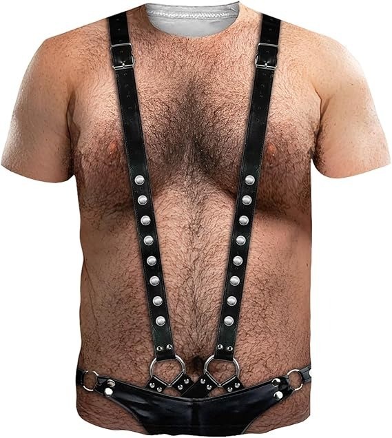 3D Graphic T-Shirt Funny Hairy Chest Fetish Leather Mankini Fake Hairy Chest gallery