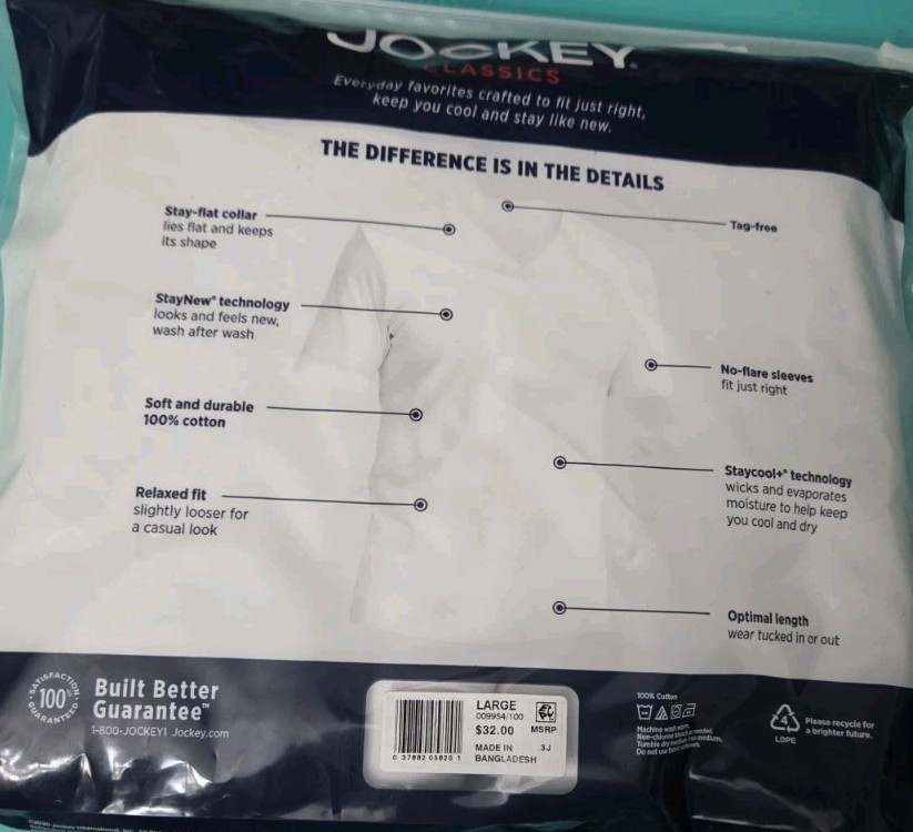 Jockey Classics 100% Cotton 3-pack V-Neck undershirt set white LARGE
