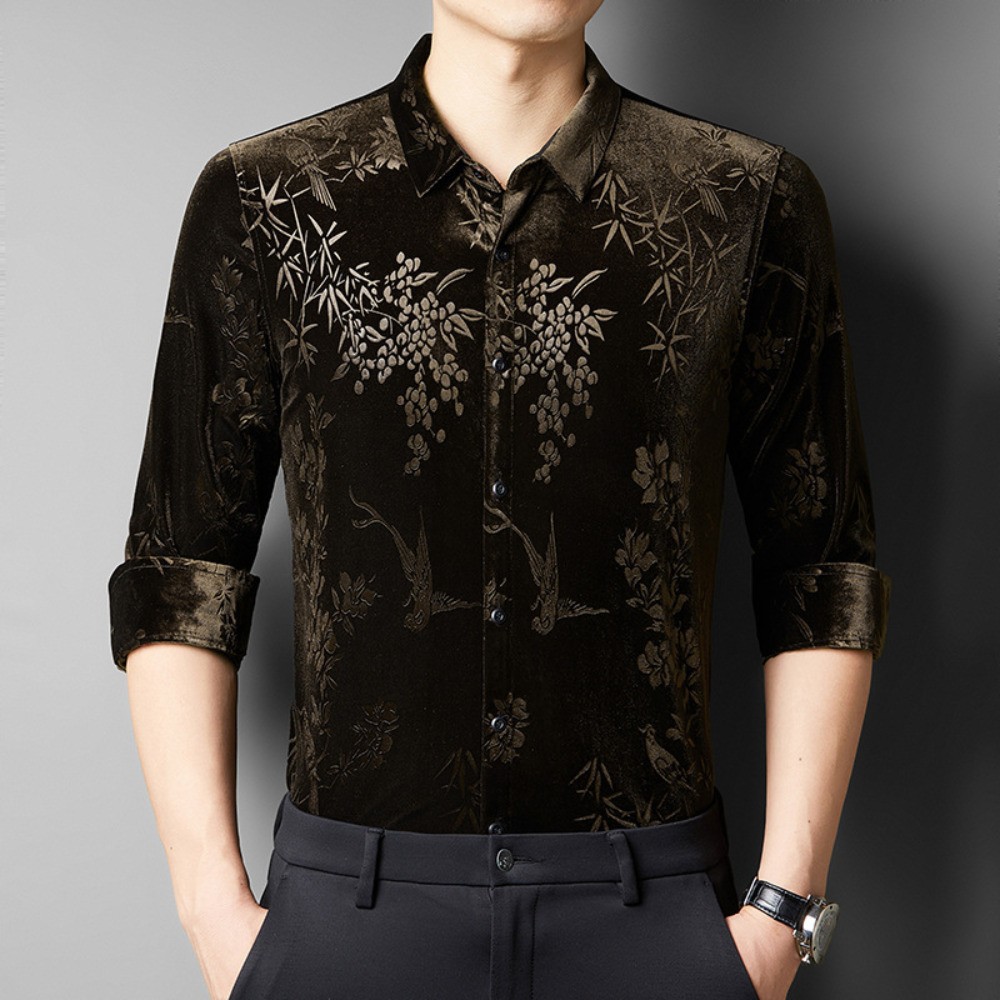 Men Velevt Blouse Shirts Tops Floral Printed Plush Casual Formal Cardigan M-3XL gallery