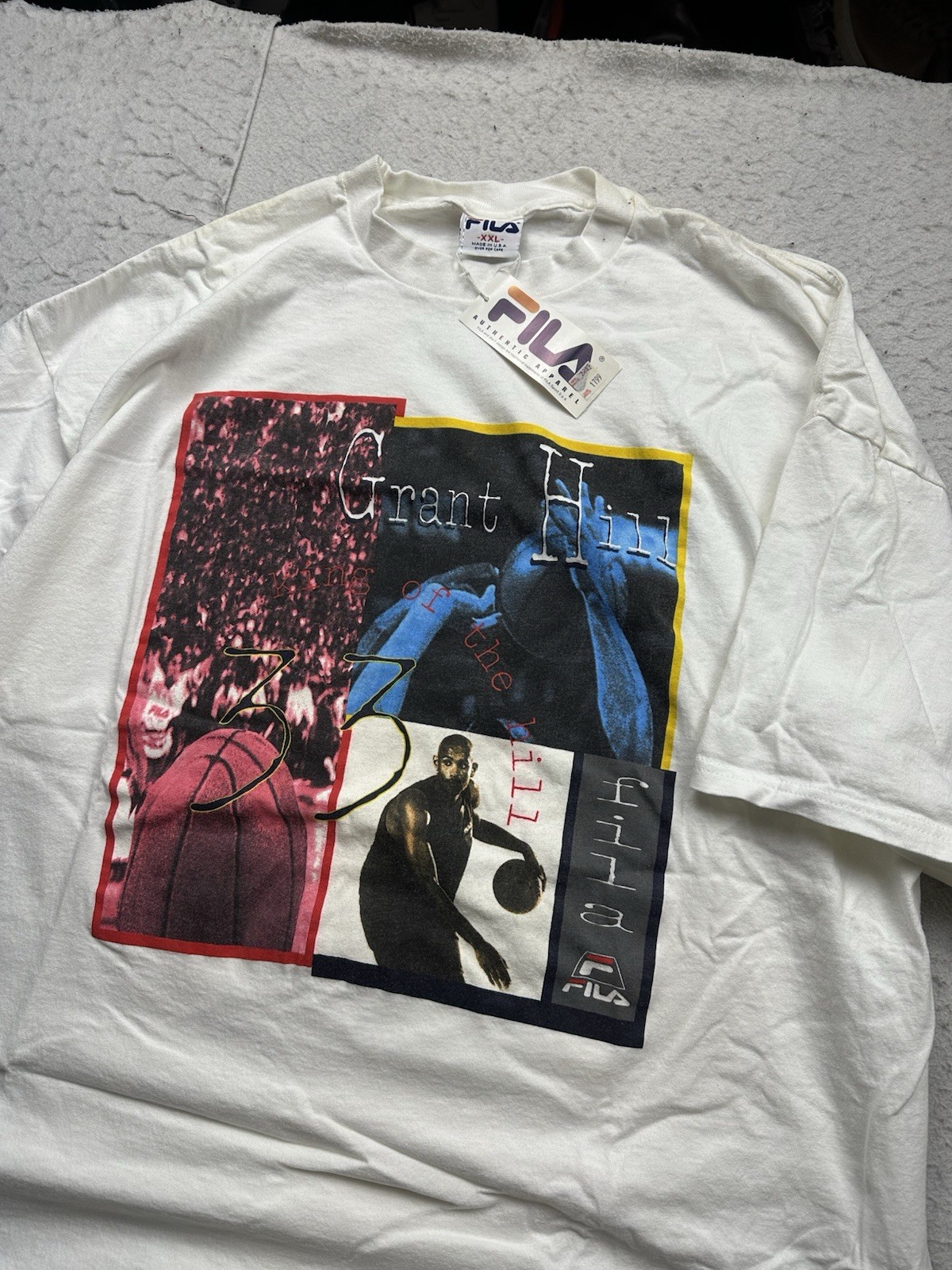 Vintage NWT Mens Fila Grant Hill Basketball Graphic Shirt 90s 2XL White READ gallery