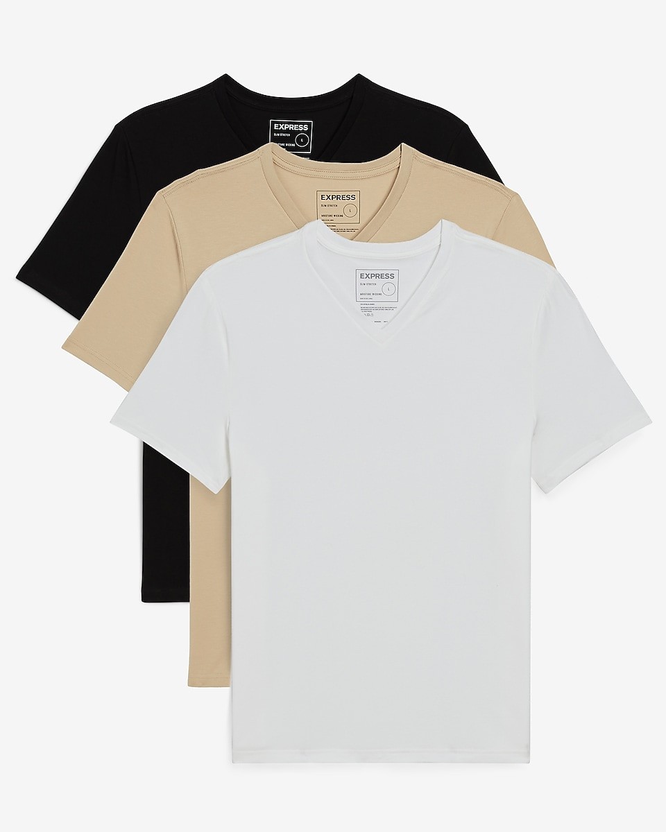 NWT - EXPRESS Men's 3 Pack Slim Stretch V-Neck Neck T-Shirts Sand Black White S gallery