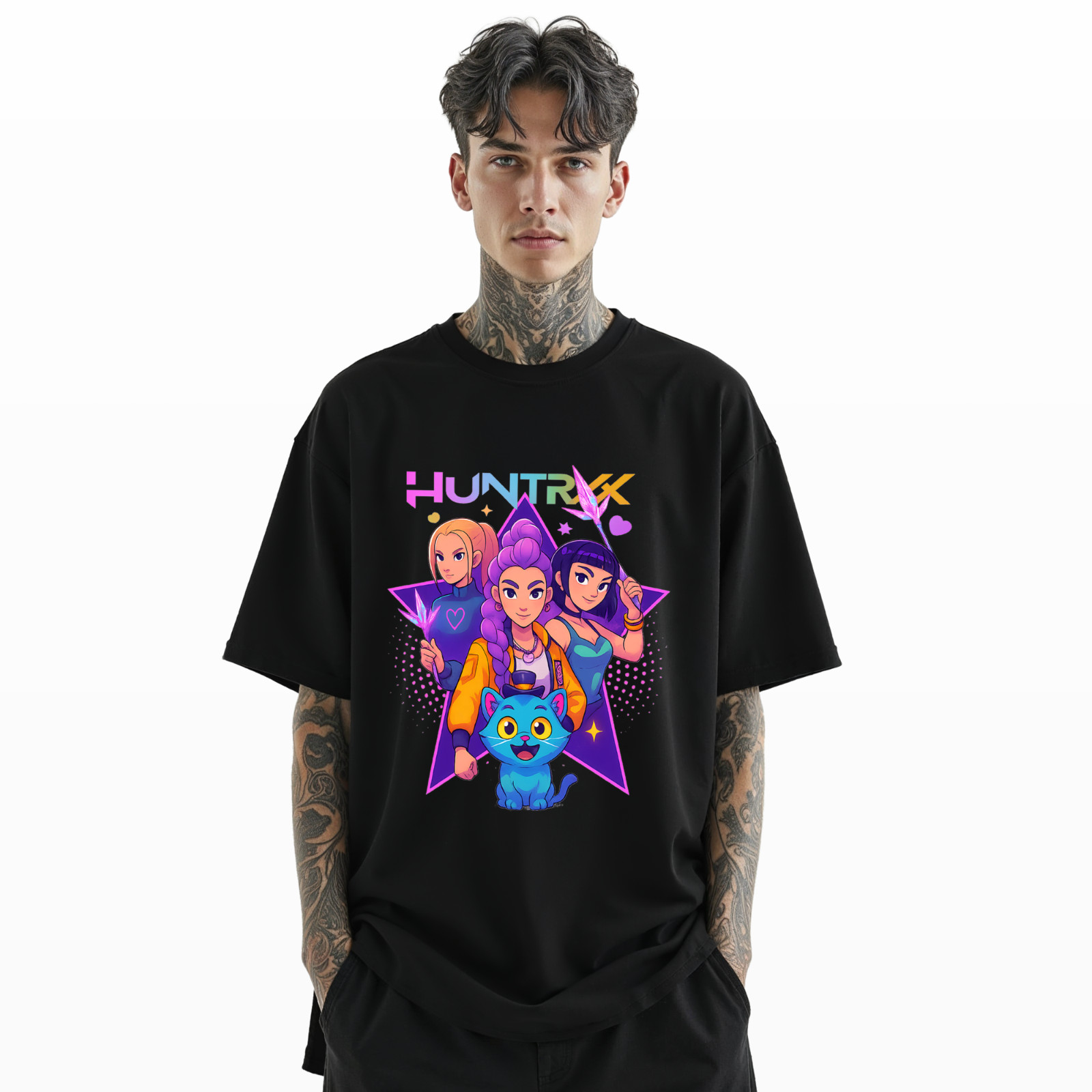 HUNTRX Anime Graphic T-Shirt – Cute KPOP Inspired Cartoon Girls & Cat Tee A275 gallery