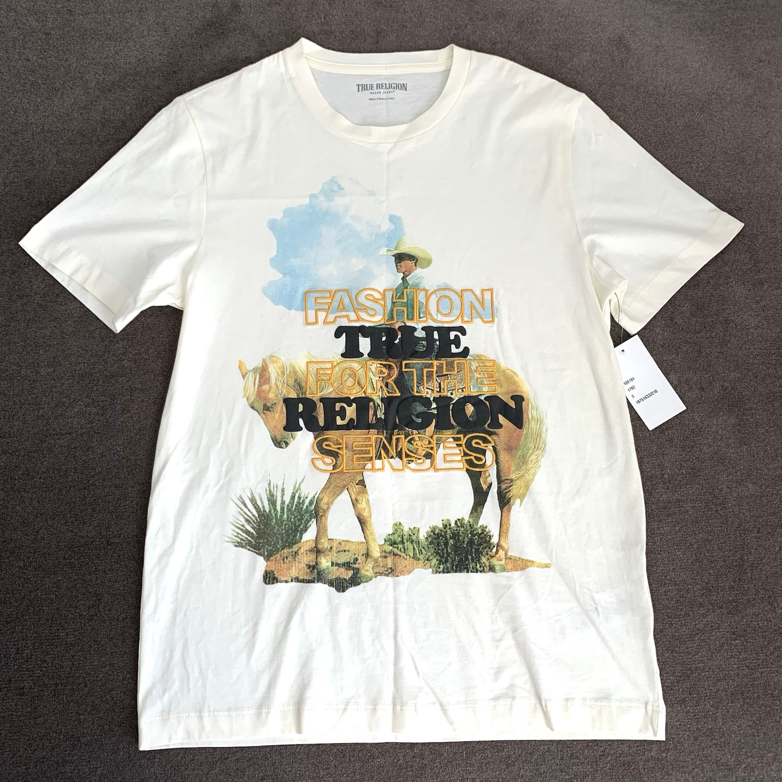 True Religion Mens T-Shirt Size Small Cowboy Graphic Print Embroidered Beige