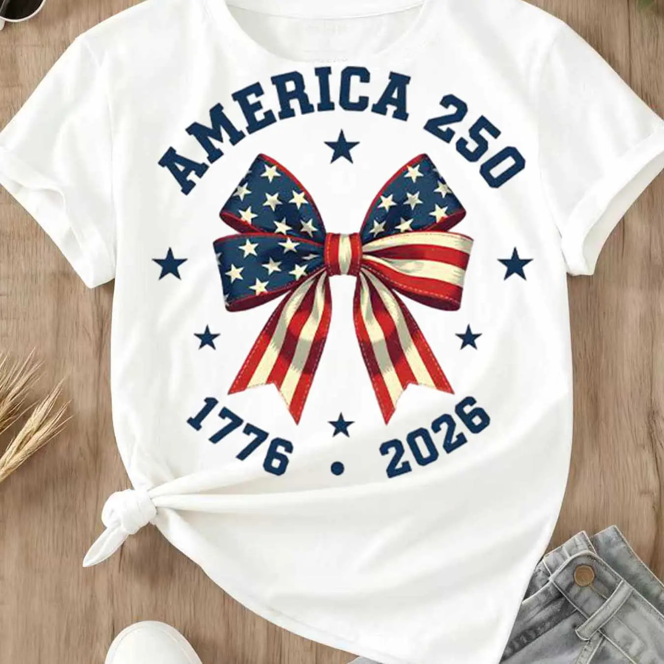 America 250 Stars And Stripes Bow Print T Shirt White Crew Neck Casual Top gallery