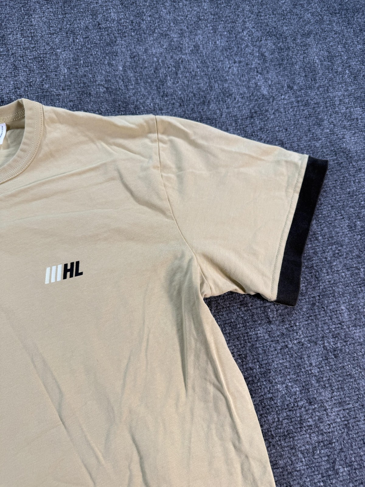 Helmut Lang Shirt Mens Large Tan Logo Graphic Crewneck Short Sleeve Back Print gallery