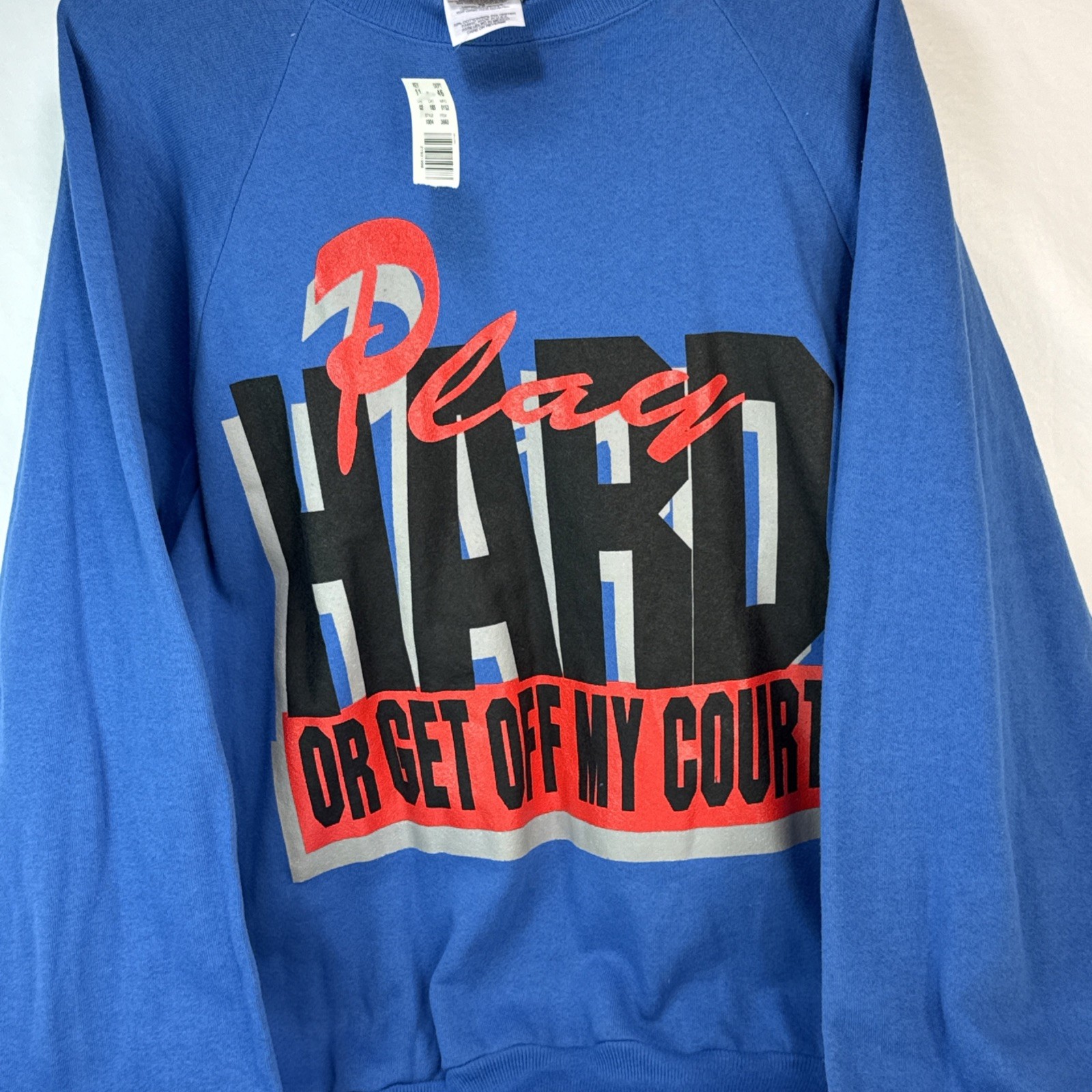Vintage Dead Stock Sweat Shirt Play Hard Or Get Off My Court Basketball XL Blue gallery