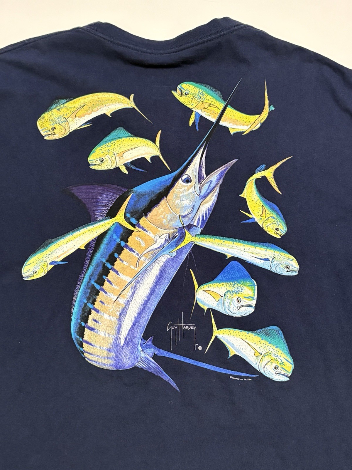 Vintage Guy Harvey Marlin Mahi Mahi Graphic T-Shirt Navy Blue Size XLarge Pocket gallery
