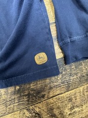 JOHN DEERE Leather Logo Long Sleeve T-Shirt L Henley Button Up 100% Cotton Blue