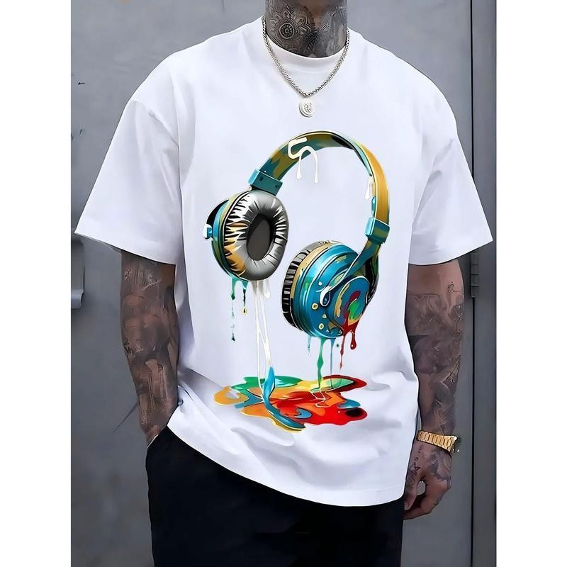 Men’s Navy Blue Graphic Tee with Vibrant Headphone Print Casual & Trendy T-Shirt