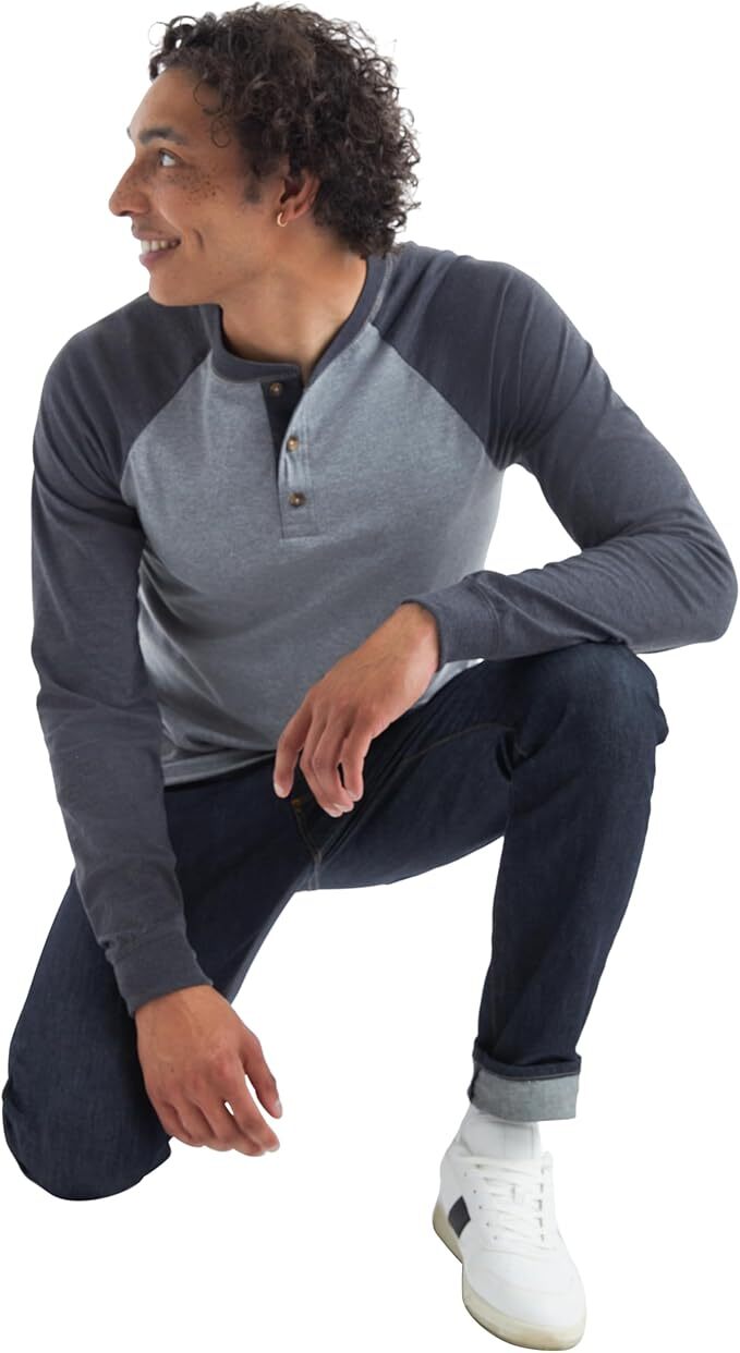 Hanes Mens Beefy Long-Sleeve Shirt Colorblock Henley threebutton Tag Free raglan gallery