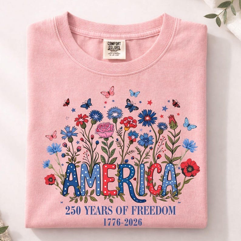Comfort Colors Floral 250th Anniversary Shirt, Wildflower Independence Day Tee gallery