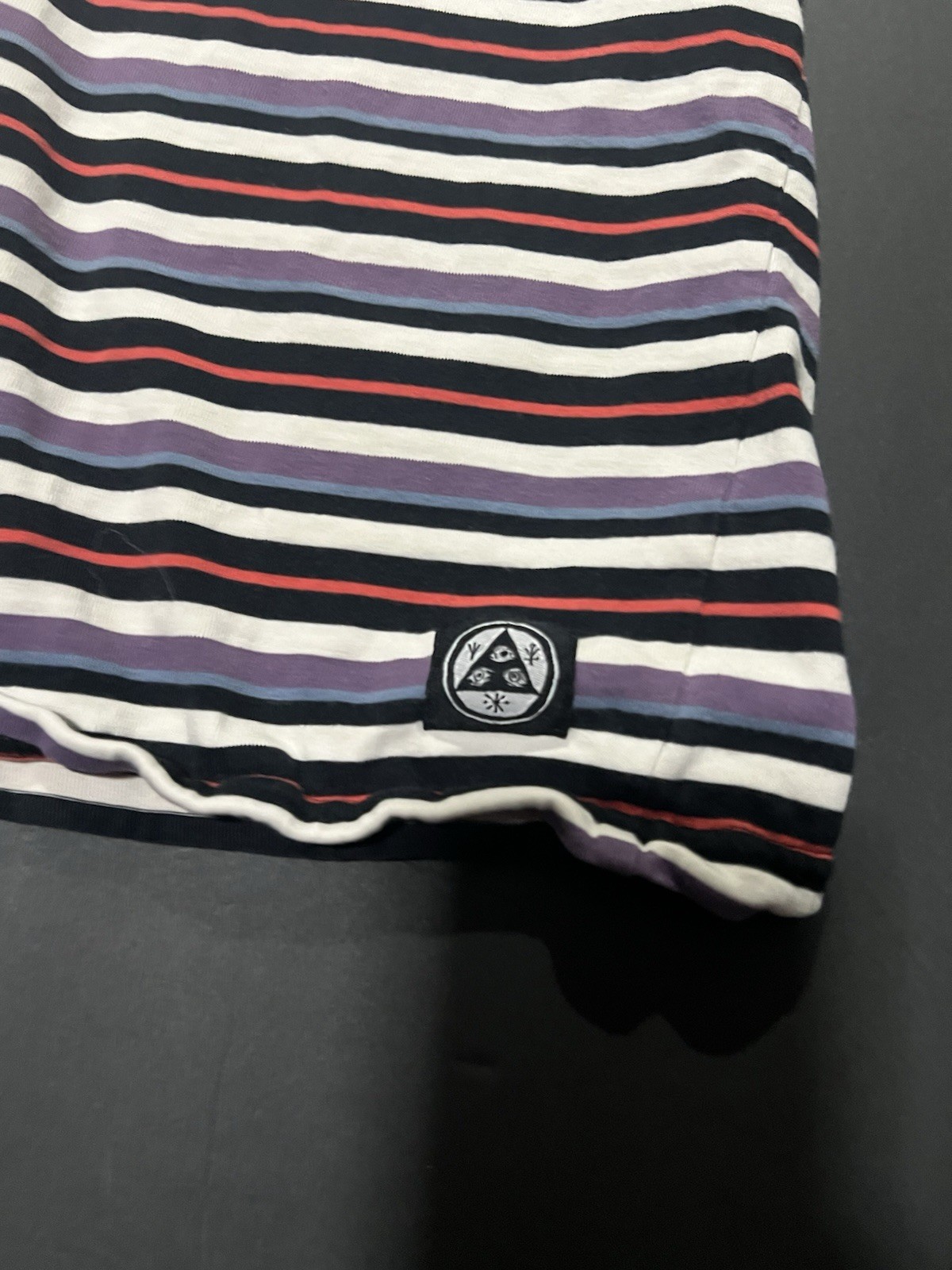 Welcome Skateboards multicoloured striped tee Size S armpit stains #skateboard gallery