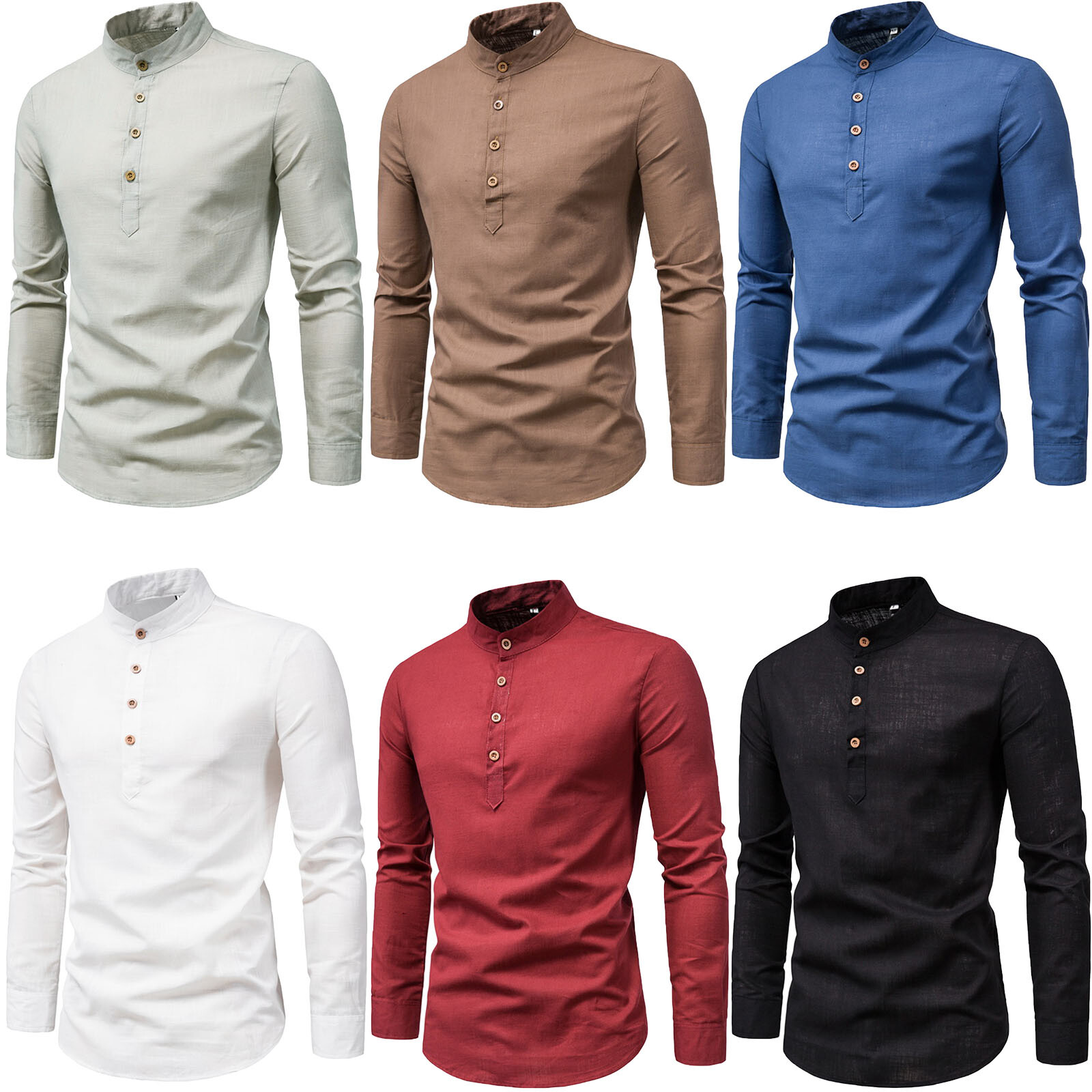 Mens Casual Cotton Shirt Long Sleeve Stand Collar Pullover Button Henley T-shirt gallery