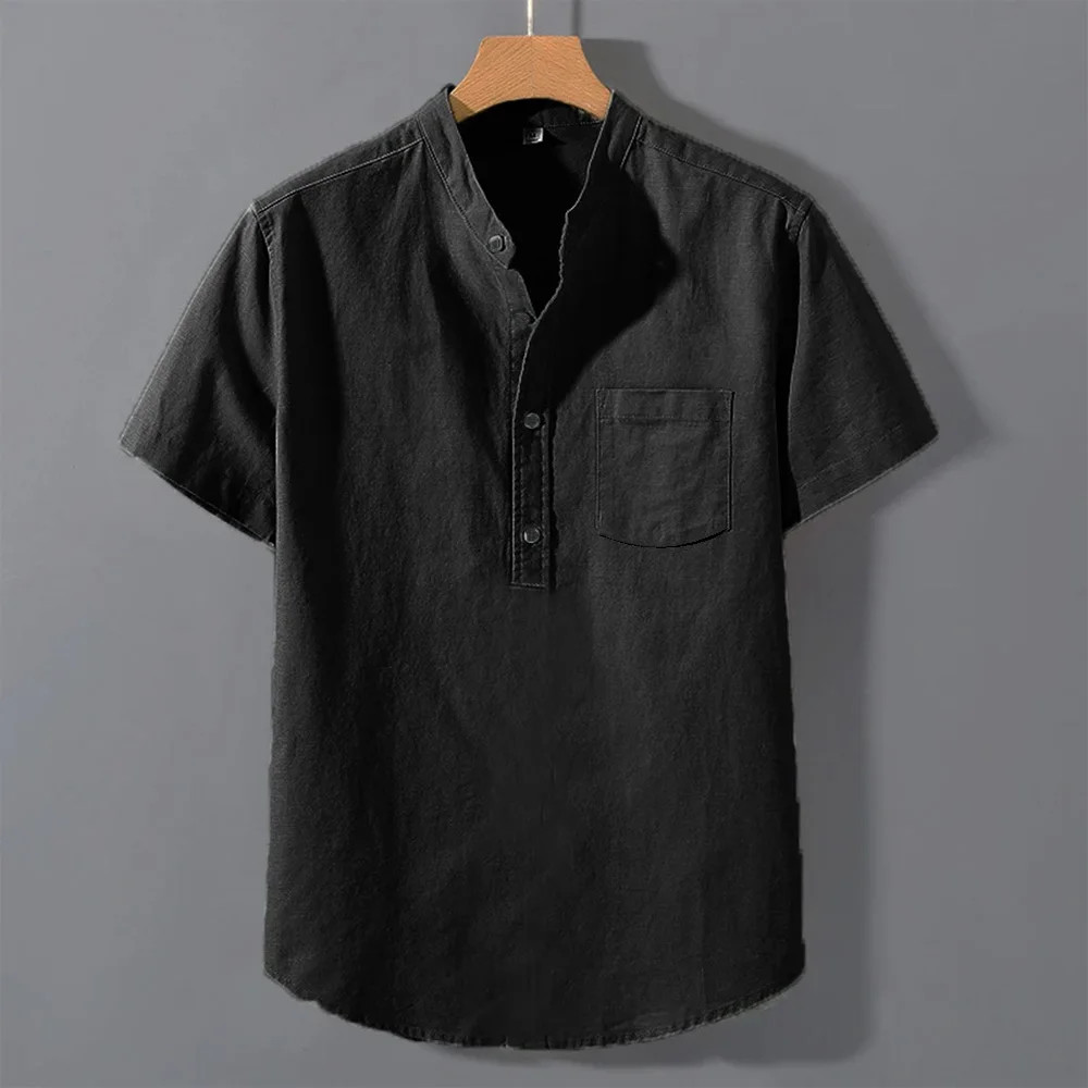 Men T Shirt Short Sleeve Solid Color Pocket Design Button Neck Streetwear Top