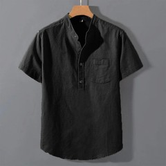 Men T Shirt Short Sleeve Solid Color Pocket Design Button Neck Streetwear Top