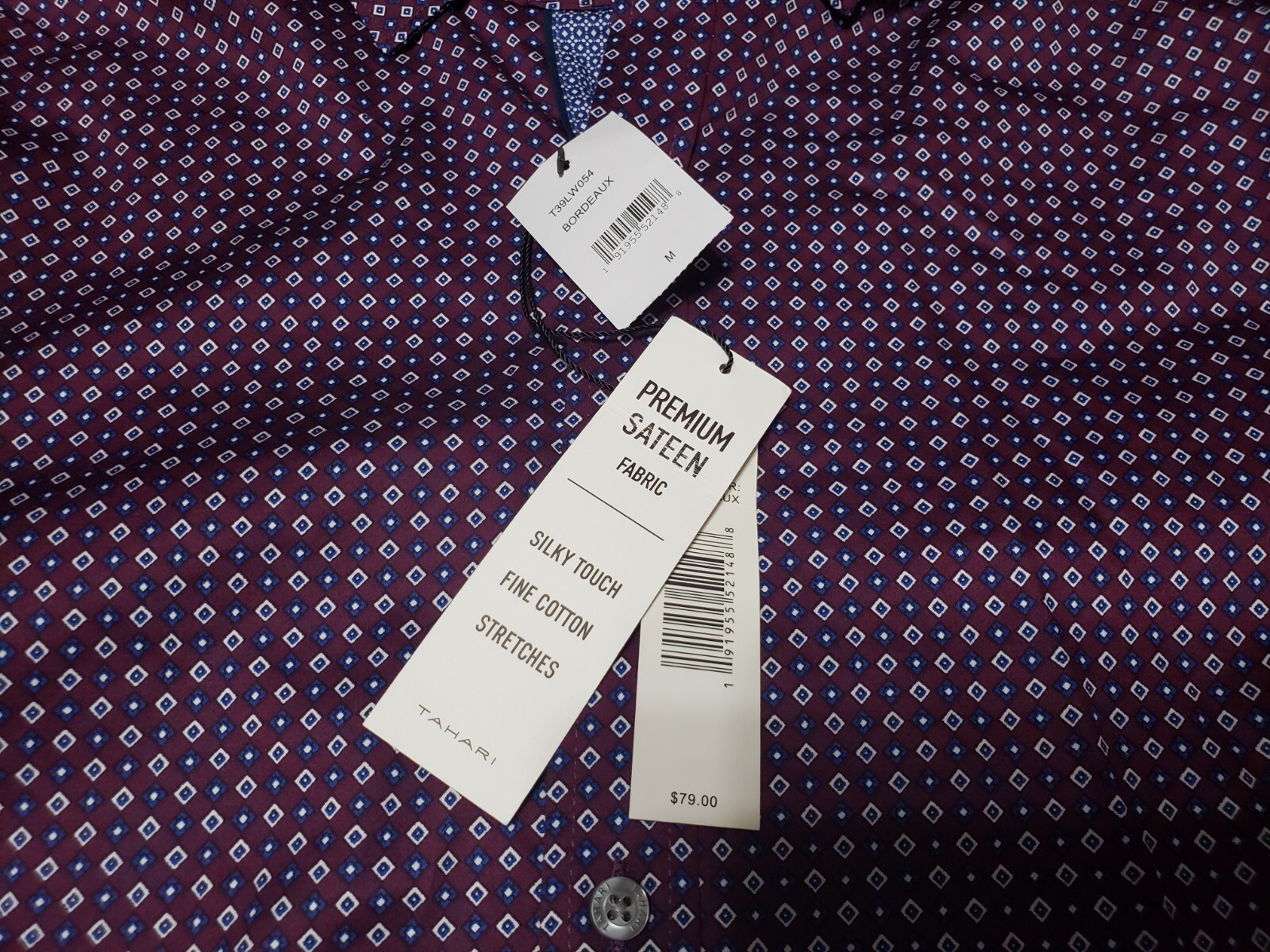 Tahari Men's M stretch long sleeve shirt purple button up square print NWT gallery