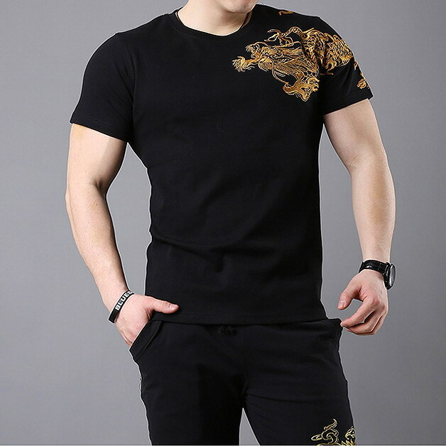 Mens Japanese Pattern Embroidery Gold Dragon T-Shirt Stretch Black Short Sleeve gallery
