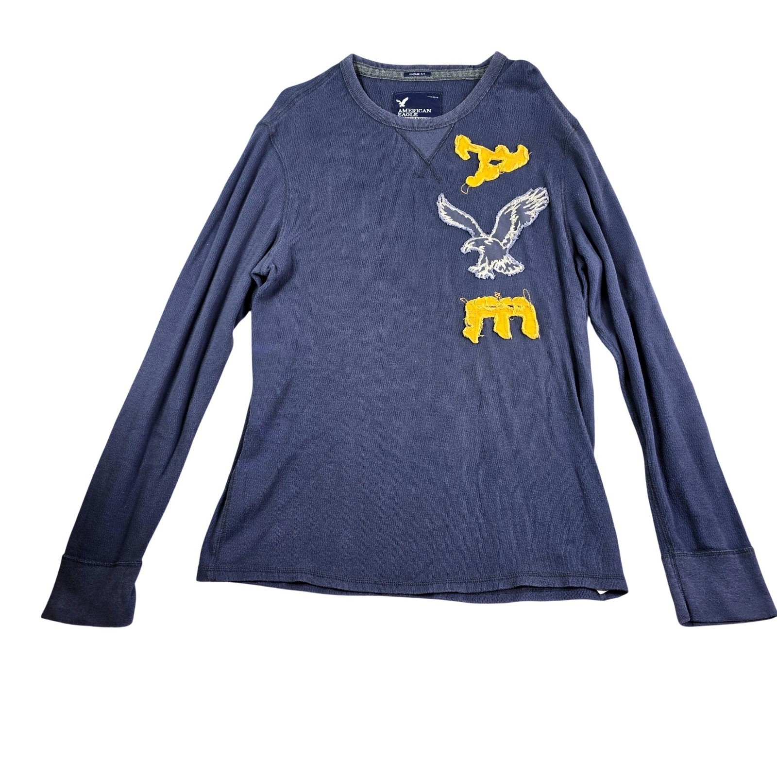 American Eagle Thermal Shirt Mens XL Blue Long Sleeve Waffle Knit Eagle Logo Y2K