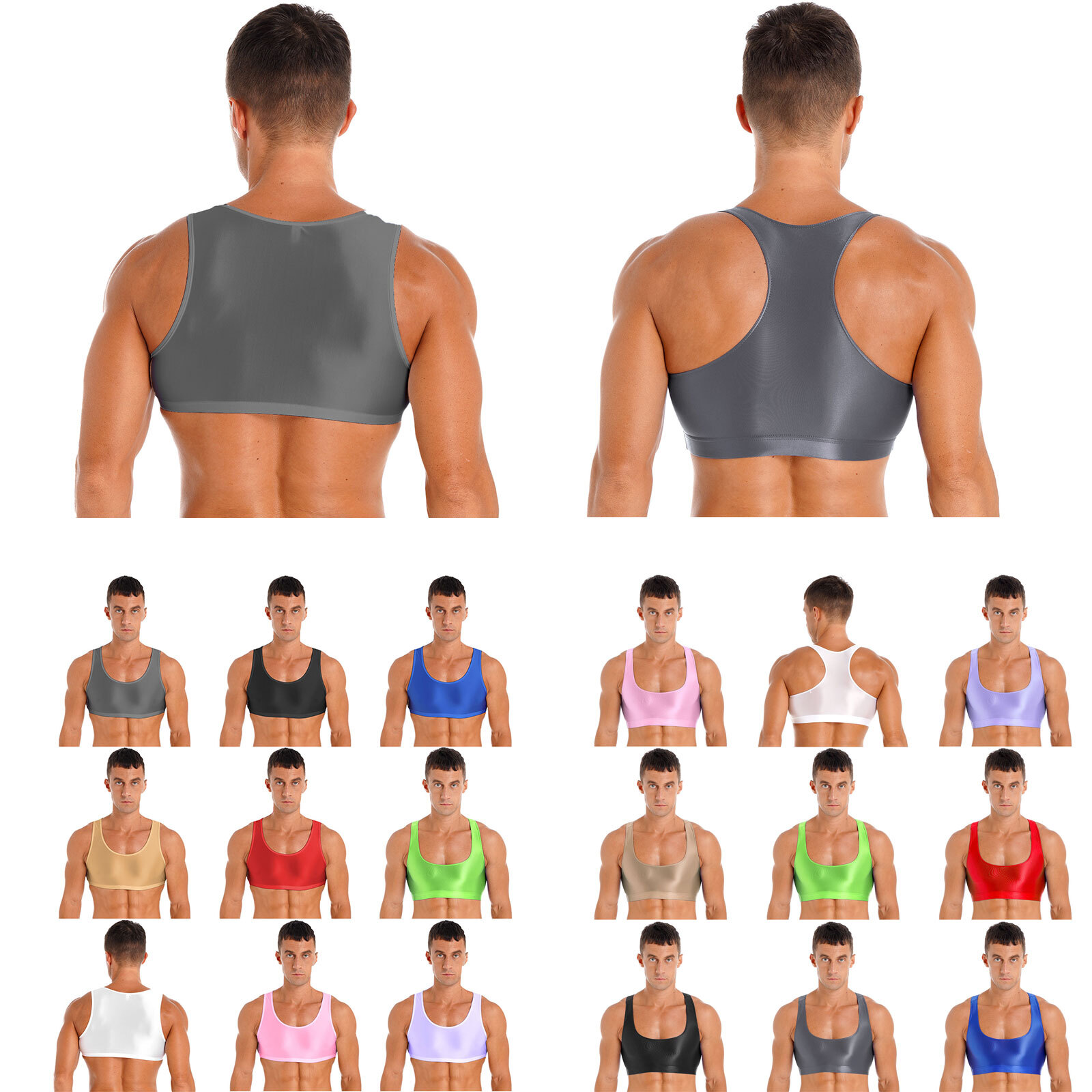 US Men Sports Bra Crop Tank Top Vest Shiny Glossy Y-Back Fitness Muscle Shirt gallery