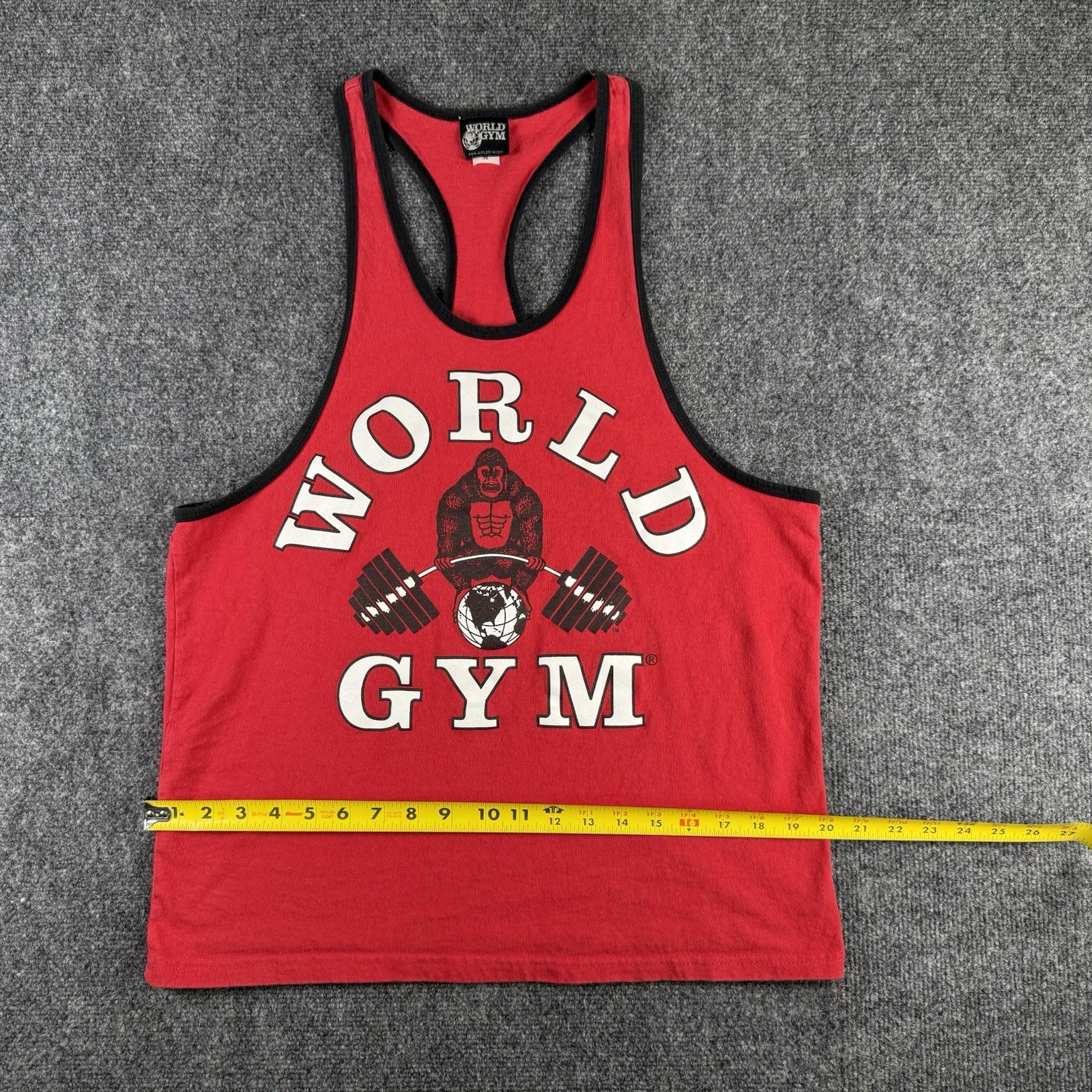 VINTAGE World Gym Shirt Mens Medium Red Tank Top Stringer Lifting Workout 90s gallery