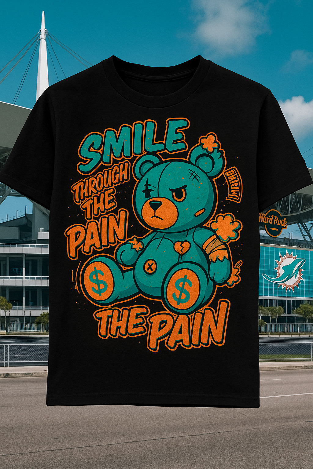 Dolphins Bear Fan Smile thru the Pain Graphic Sneaker Tee Shirt Pro Club Shaka gallery