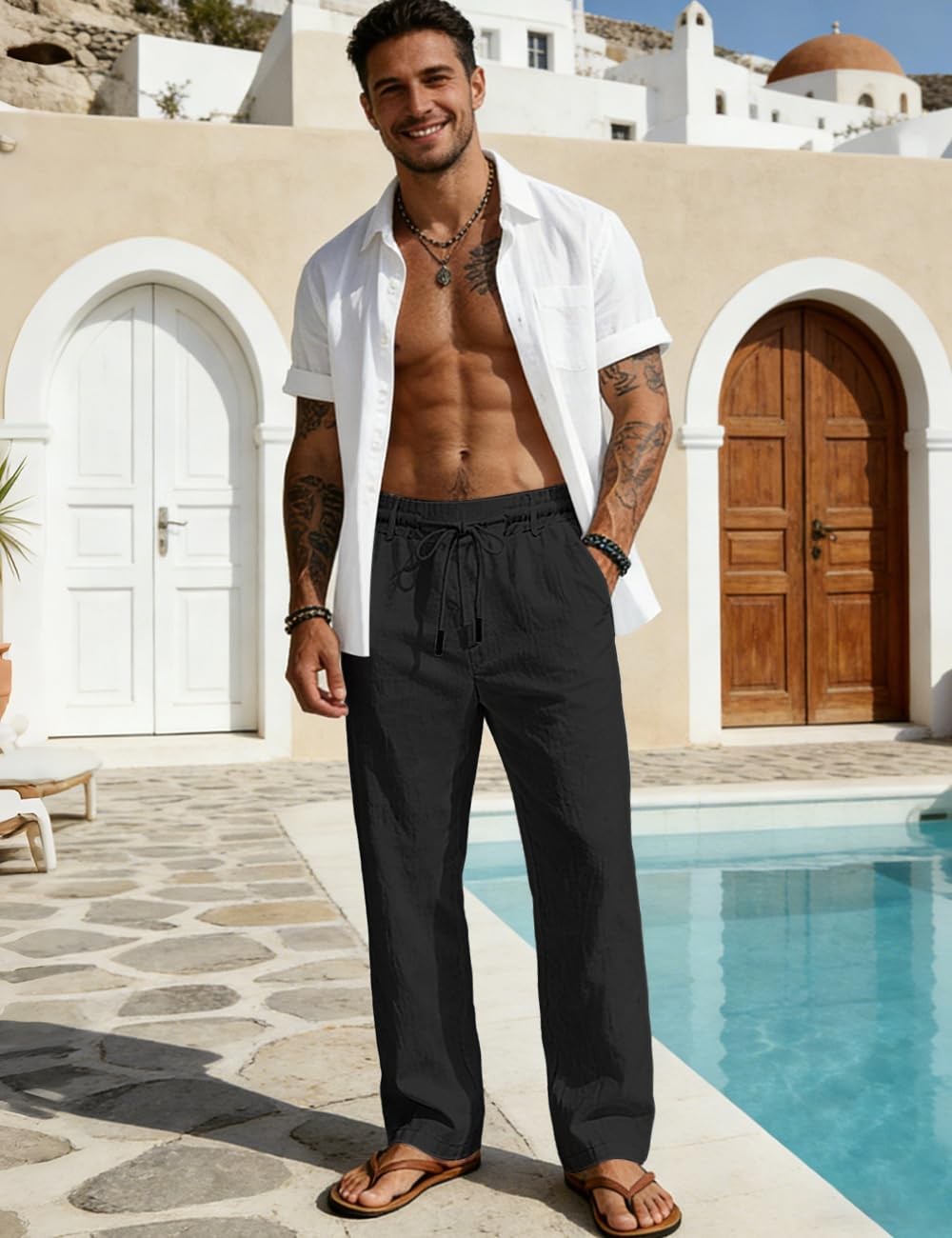 Men's Casual Linen Pants Elastic Waist Drawstring Summer Beach Lightweight Tr... gallery