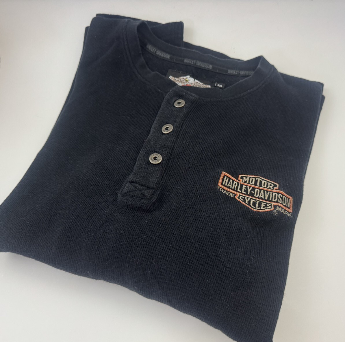 Vtg Harley-Davidson Thermal Shirt Embroidered Logo Button Motorcycles 2XL gallery