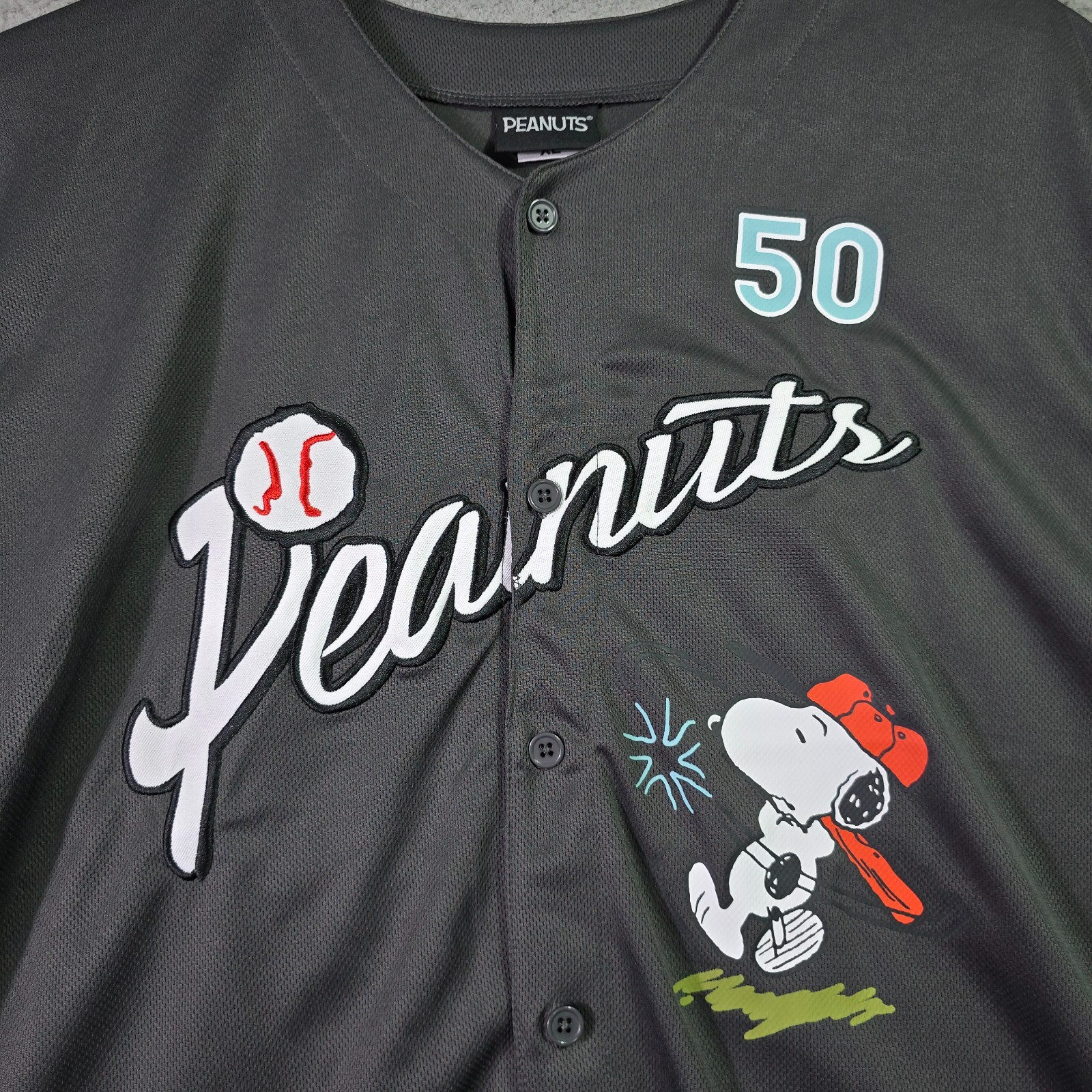 Peanuts® Snoopy Baseball Jersey shirt Mens XL Black Charlie Brown Button Up NWT gallery