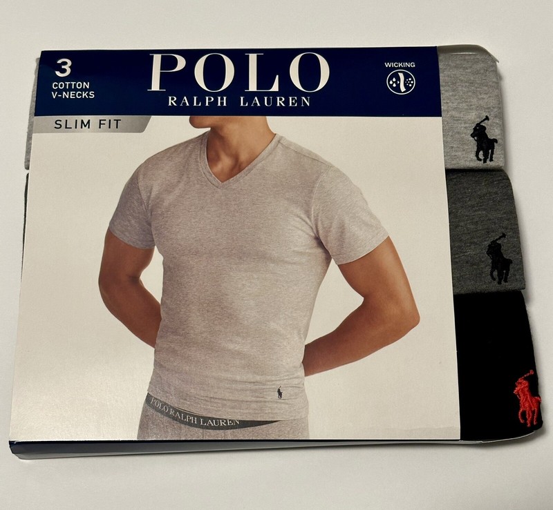 Polo Ralph Lauren Men’s Gray-Charcoal-Black Slim Fit V-Neck Shirt 3 Pack Medium