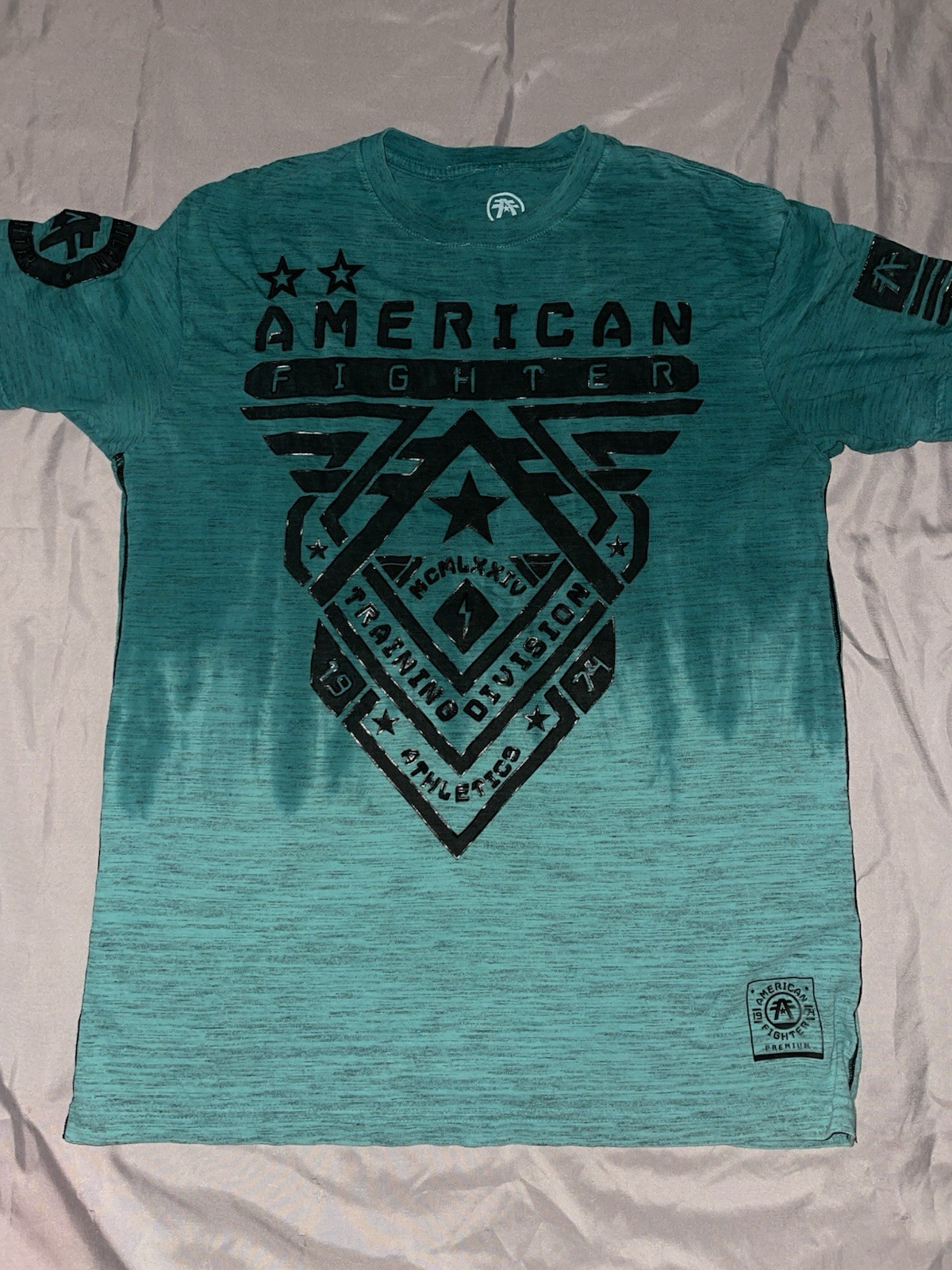 American Fighter Shirt Mens Large Teal Short Sleeve Graphic Fighting Buckle Tee