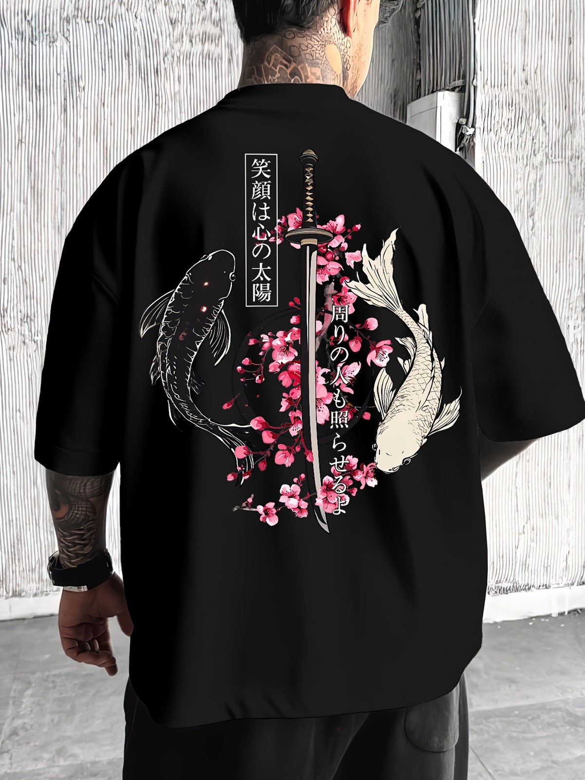 Japanese Koi Fish Samurai Sword T-Shirt Sakura Cherry Blossom Graphic Tee gallery