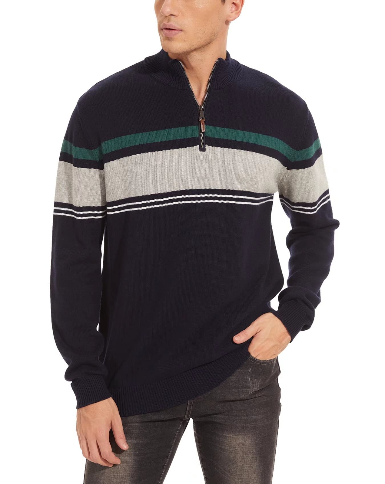 Men's 1/4 Zip Polo Sweater Winter Fall Casual Stripe Pullover Long Sleeve Shirts gallery