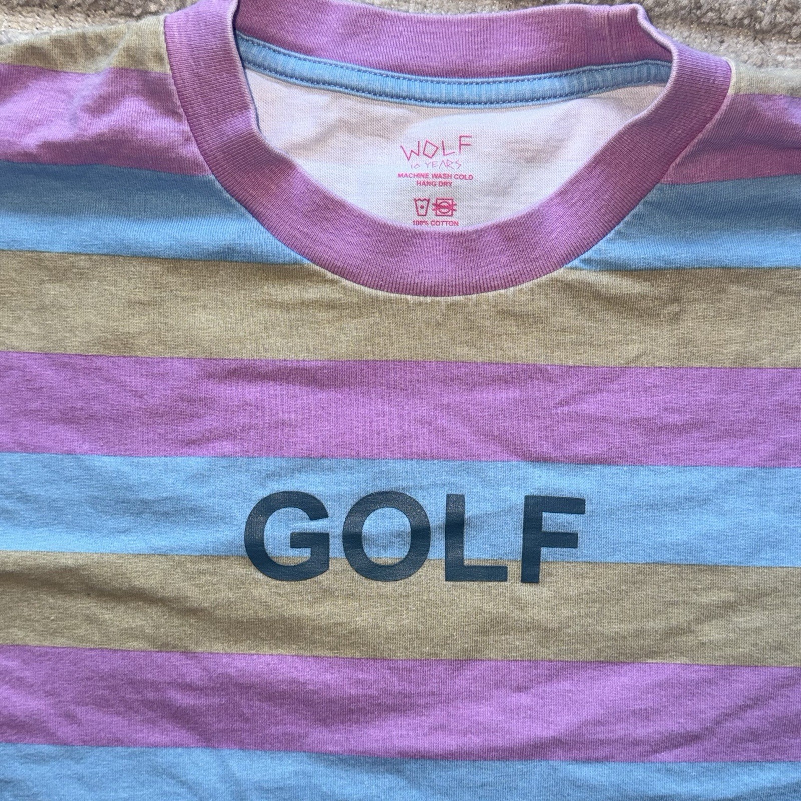 Golf Wang Wolf 10 Years Striped Graphic T Shirt XL Pink Blue Tan Cotton Tee gallery
