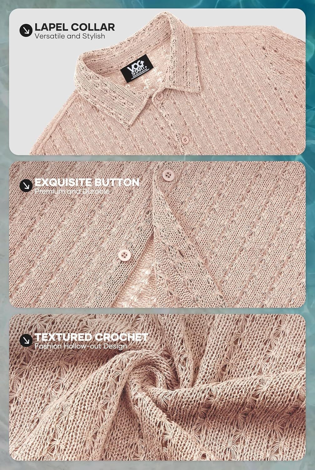 Men's Knit Crochet Button Down Shirt Hollow Out Textured Casual Summer Top S-XXL gallery