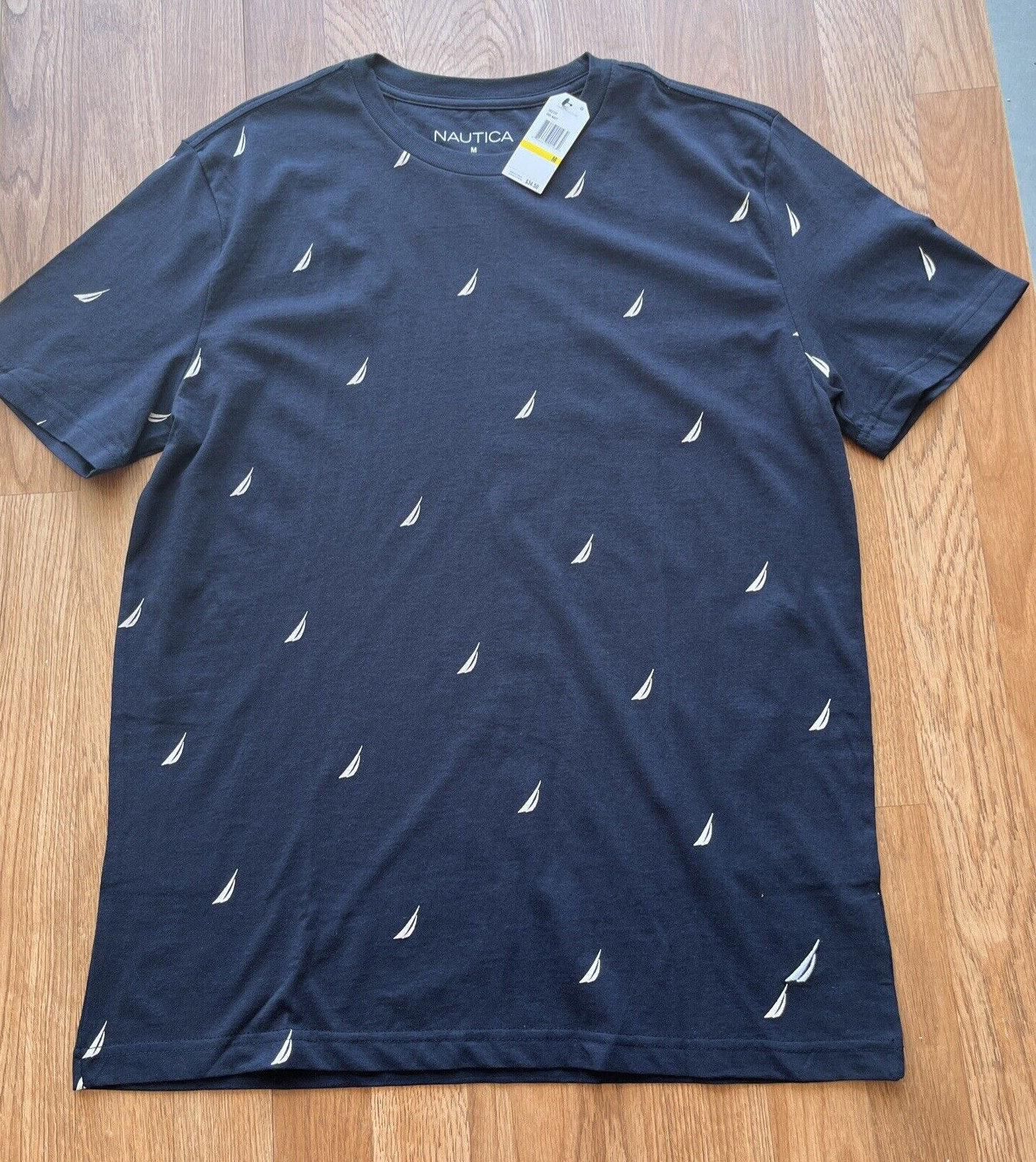 Nautica Men's T-Shirt Size Medium Navy Blue All Over Logo Print Crew Neck NEW gallery