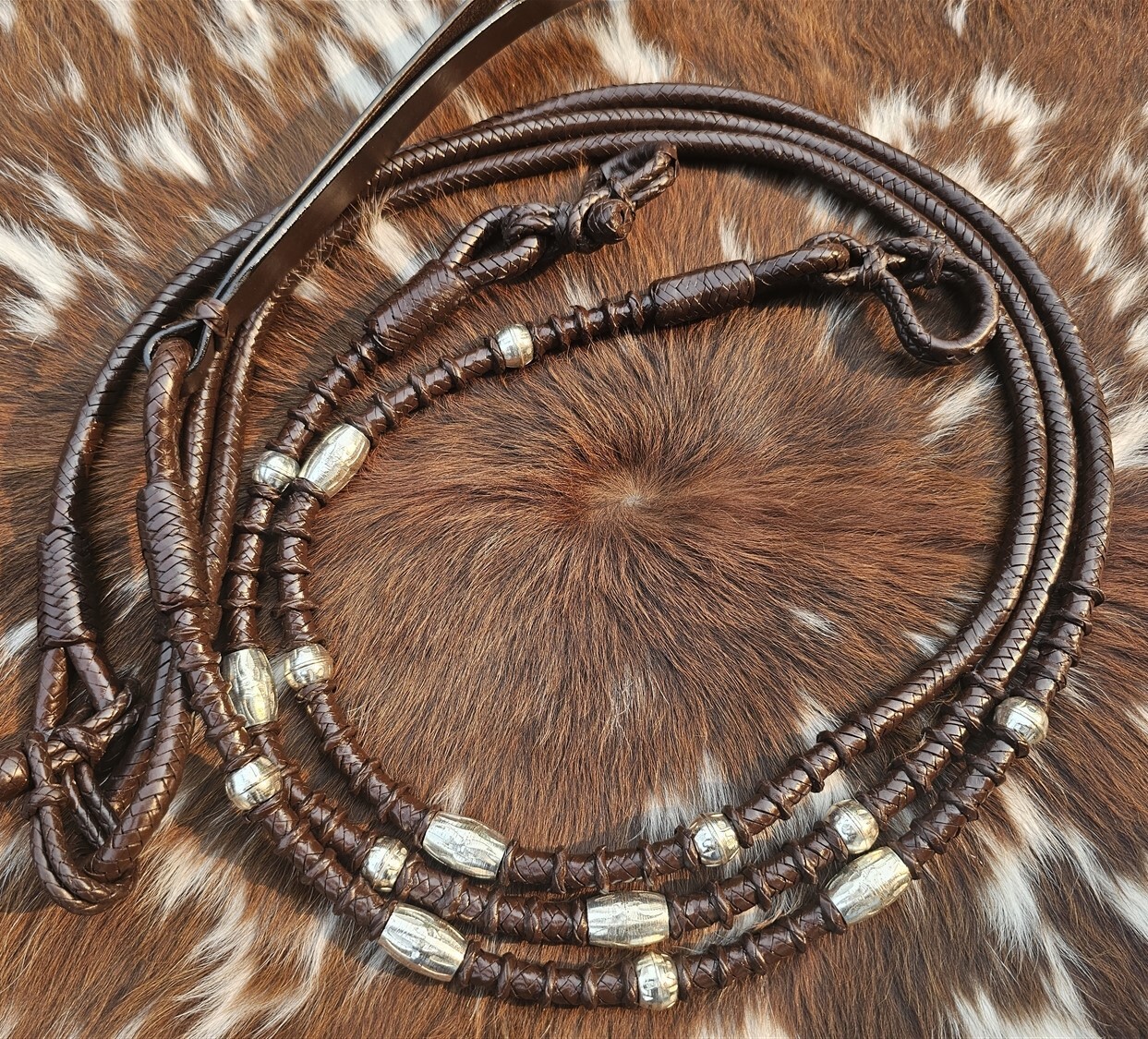 Romel Reins – Silver Ferrule Show Ring – Dark Oil – Hand Braided