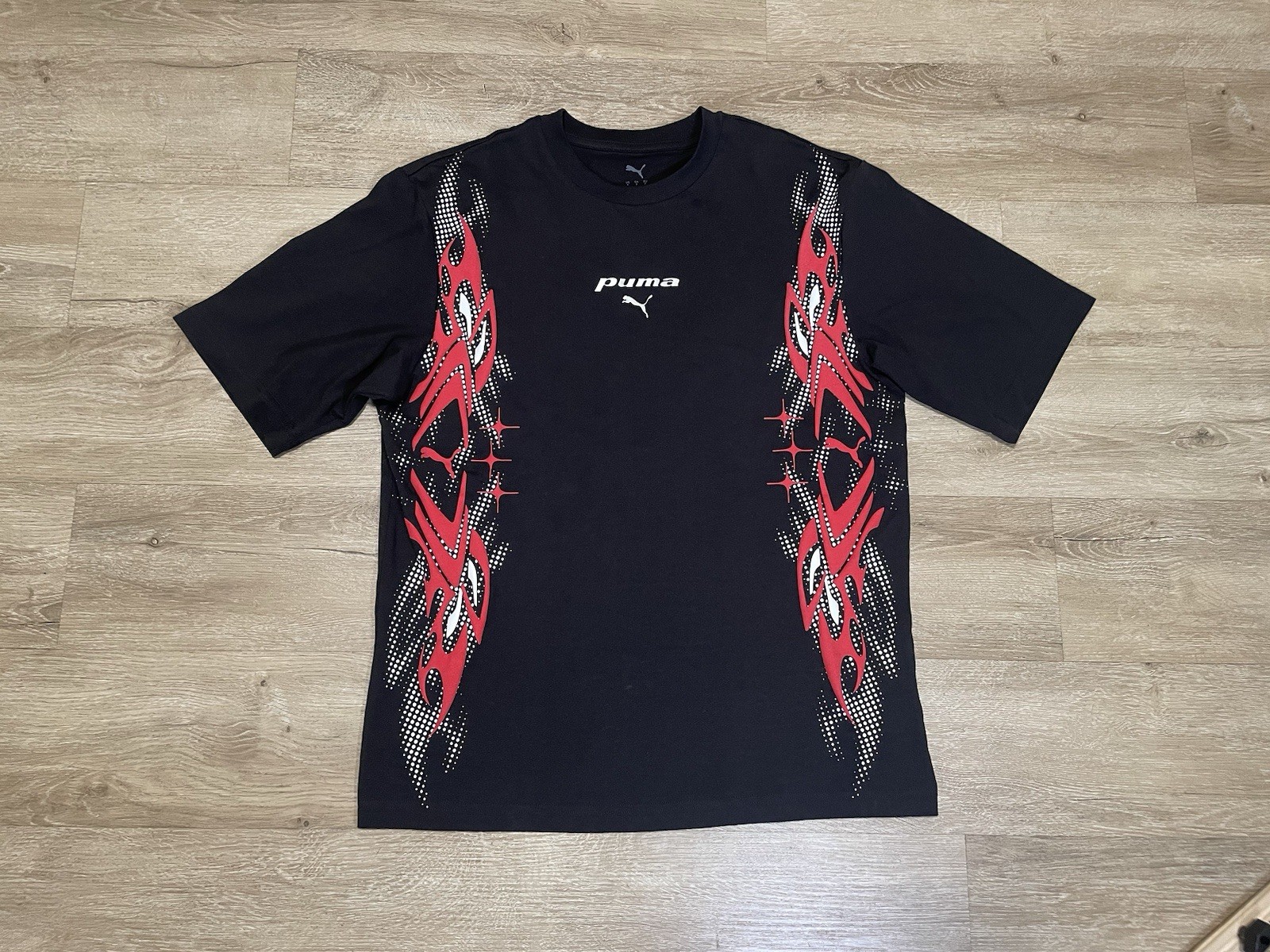 PUMA PumatechX Boxy Mens Sz S Graphic Crew Neck Short Sleeve T-Shirt Black Y2k