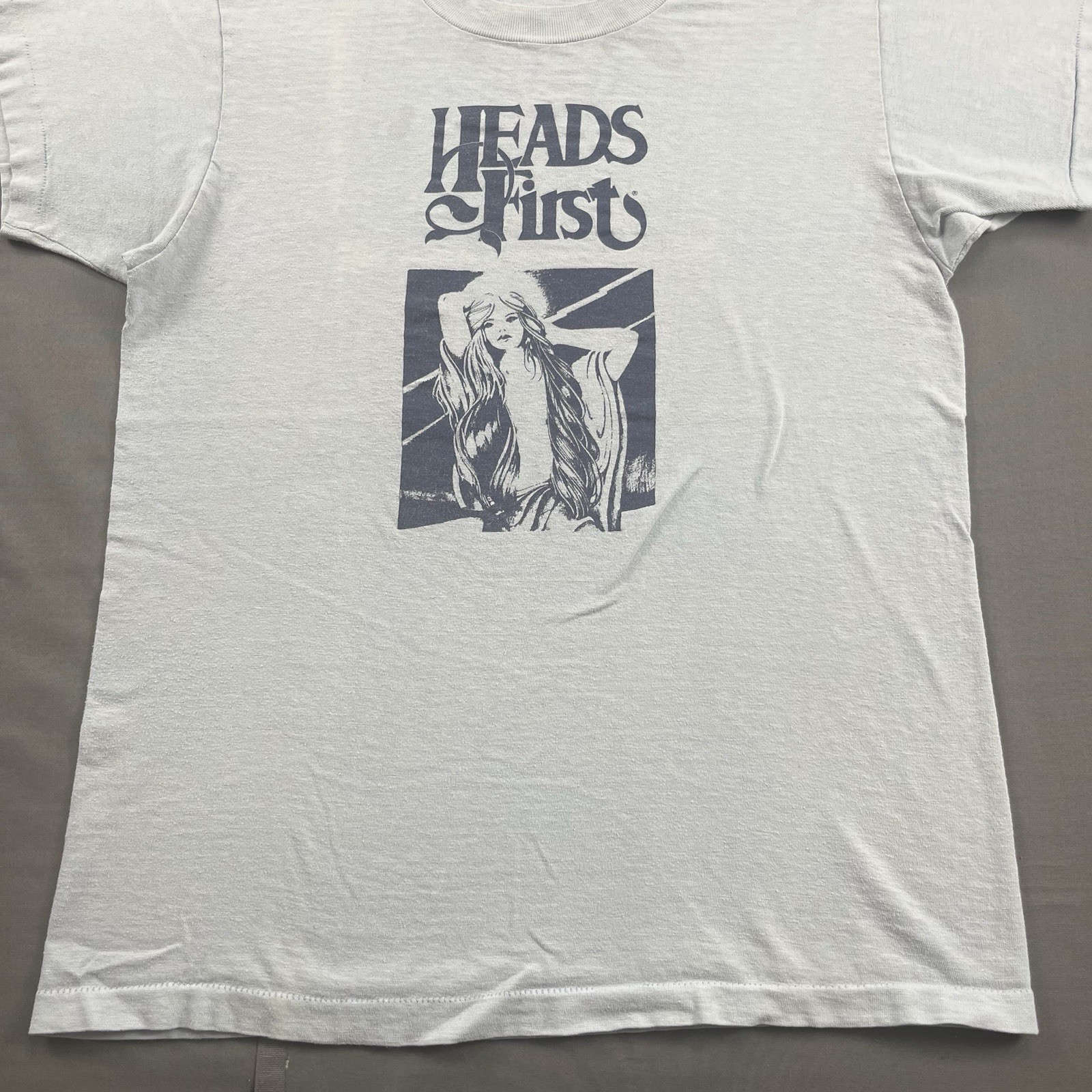 1970s Heads First Vintage Graphic T-Shirt Angel Double Sided Blue Size Medium gallery