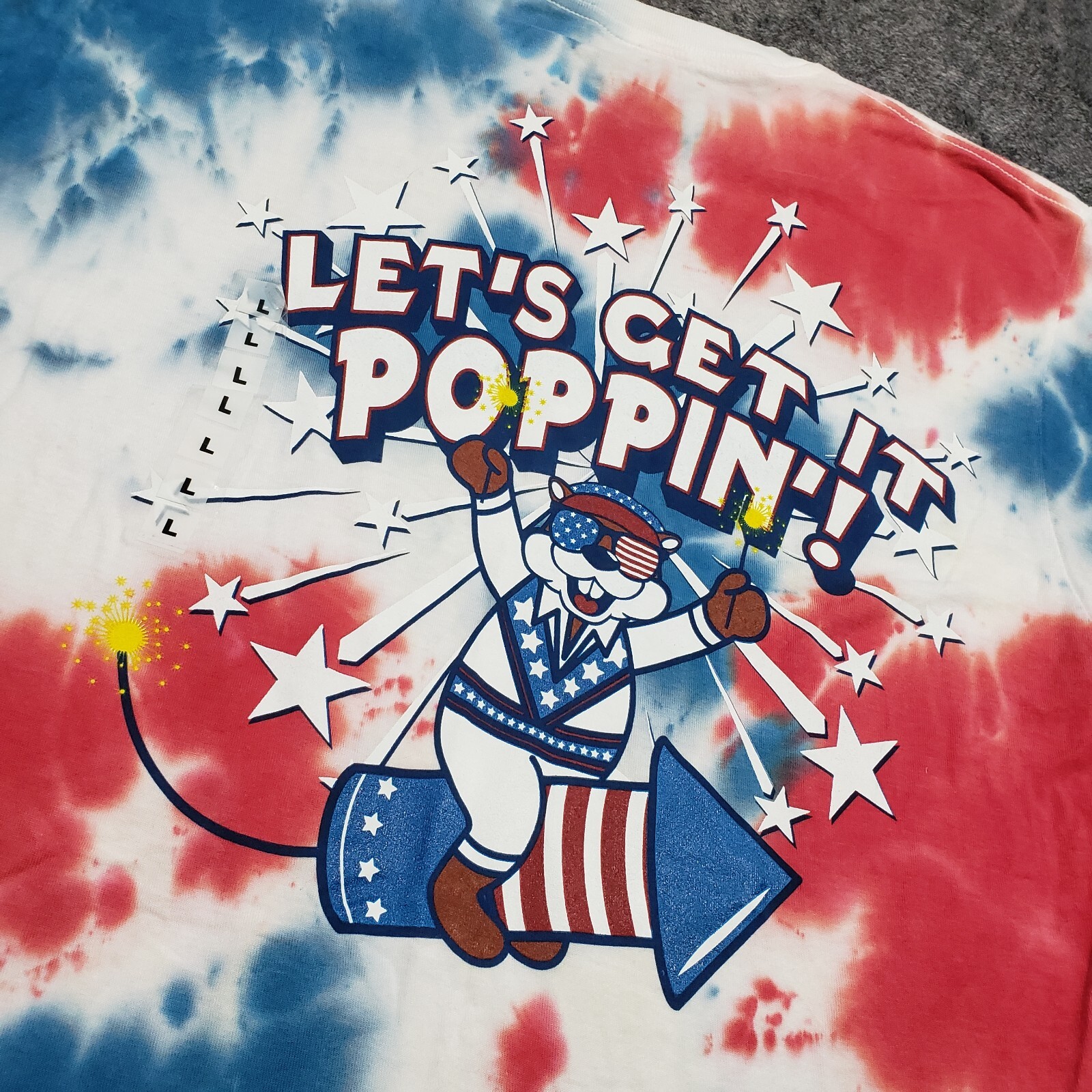Bucees T-Shirt Large Tie Dye 4th of July Let's Get Poppin Red White Blue USA gallery