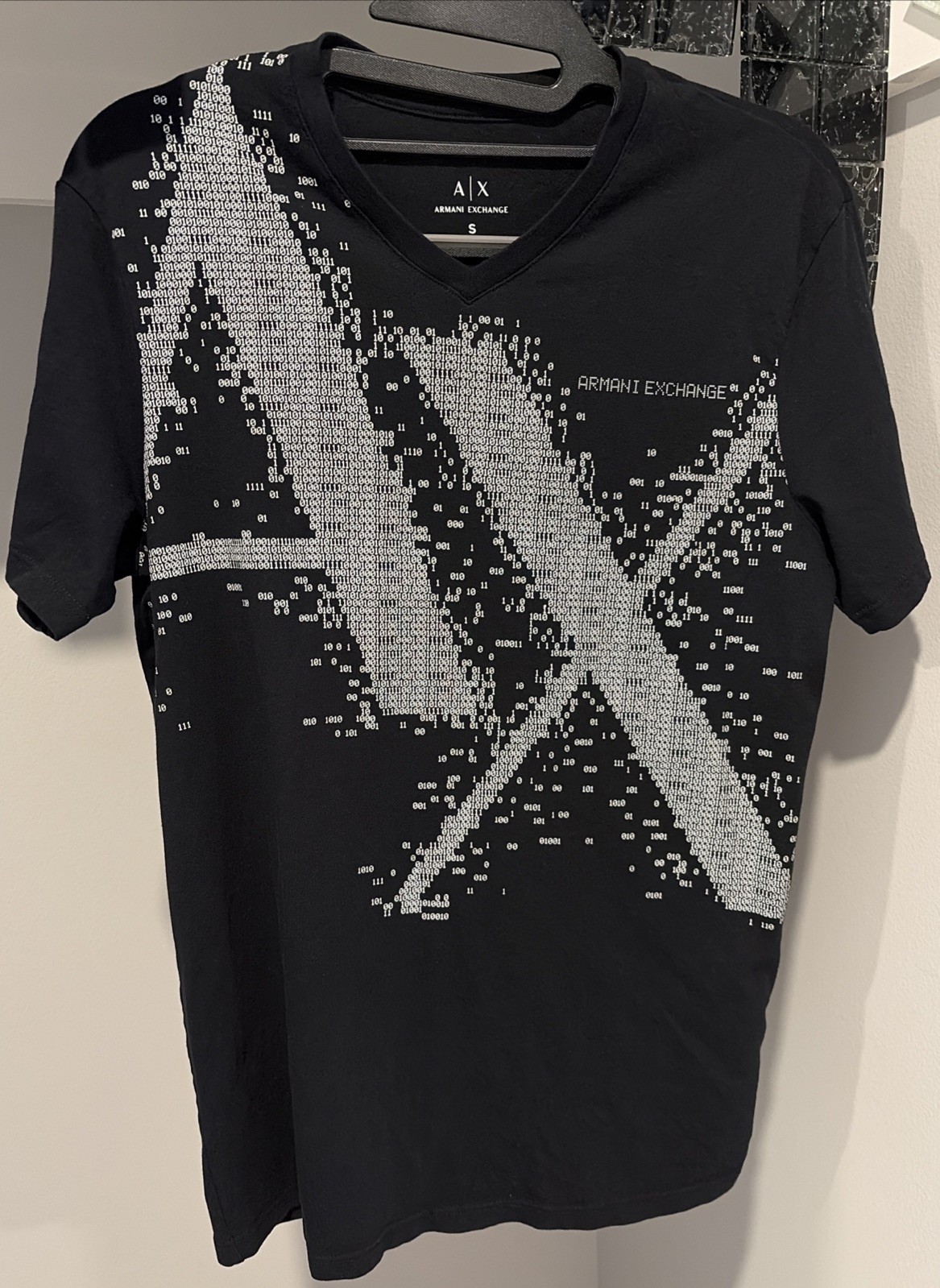 Armani Exchange T-Shirt All Over Logo Graphic Tee Men’s Size S Black Crew Neck
