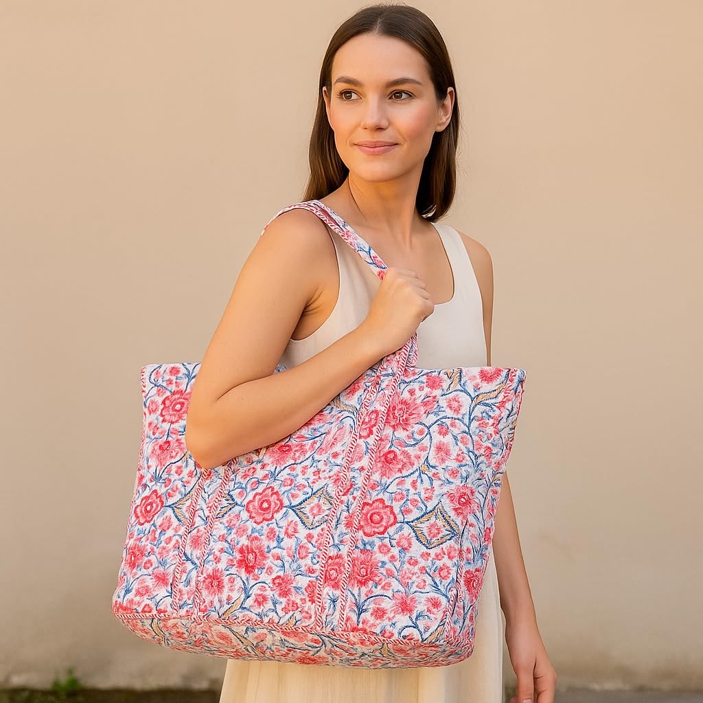 Large Floral Quilted Tote Bag for Women - Canvas Travel Shoulder Bag with Zipper gallery