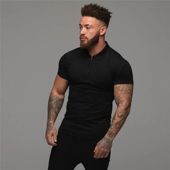 Solid Color Cotton Breathable Short Sleeve Polos Fashion Zip Collar Slim Fit Pol